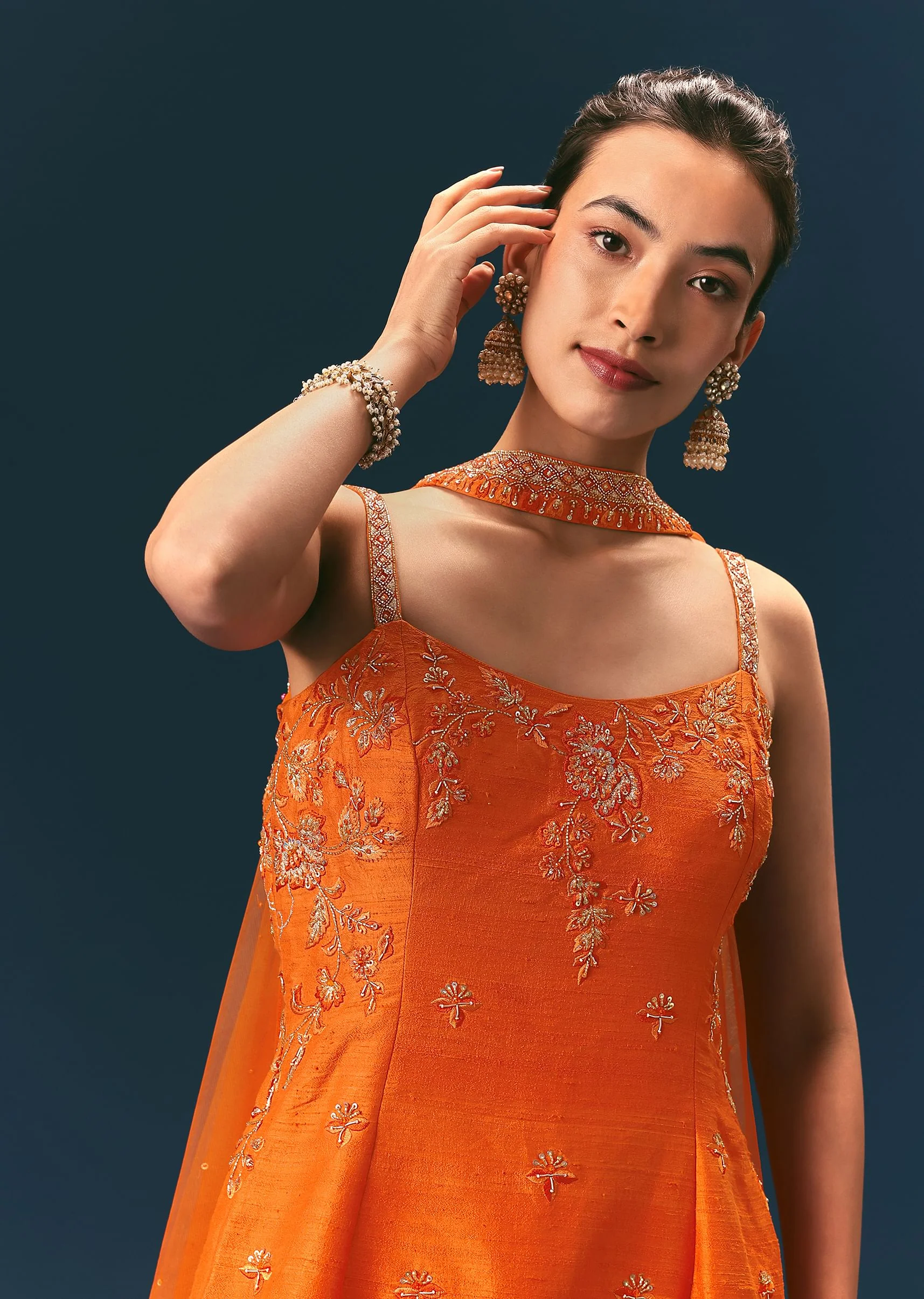 Orange Raw Silk Hand Work Kurti Sharara With Choker Dupatta - Image 2