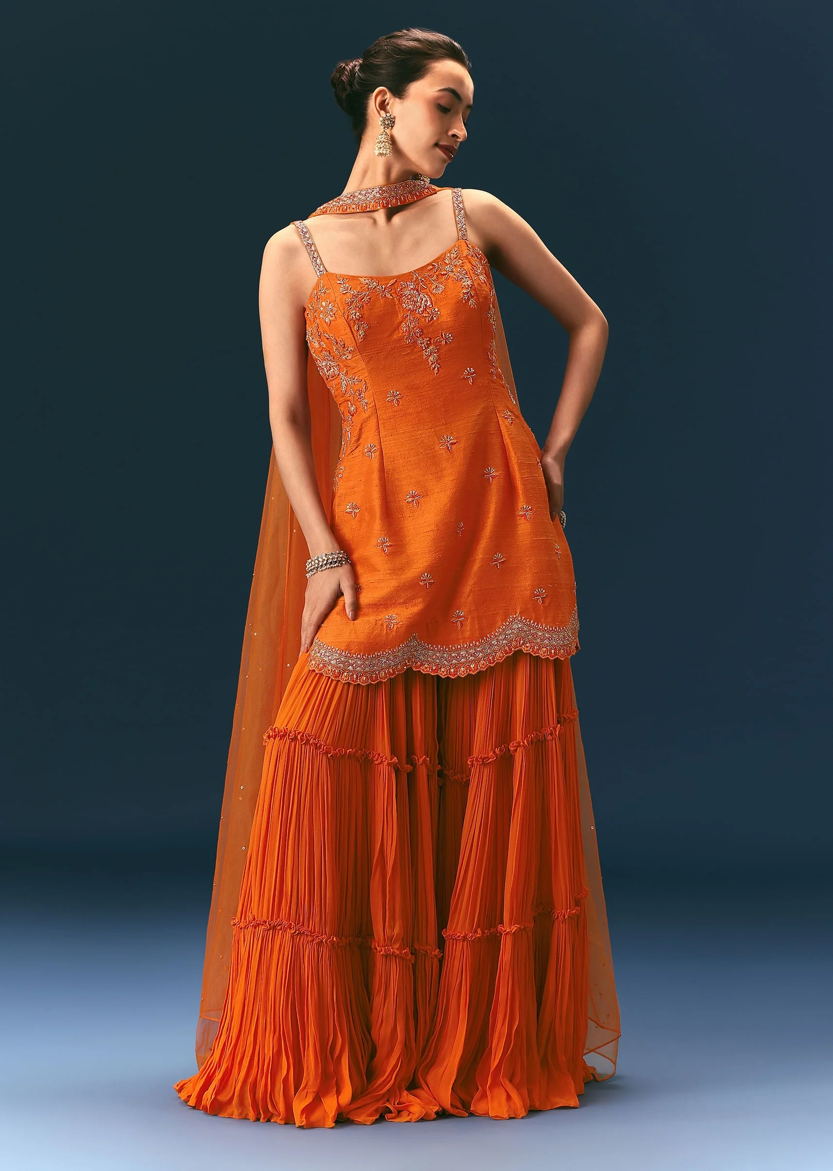 Orange Raw Silk Hand Work Kurti Sharara With Choker Dupatta - Image 3