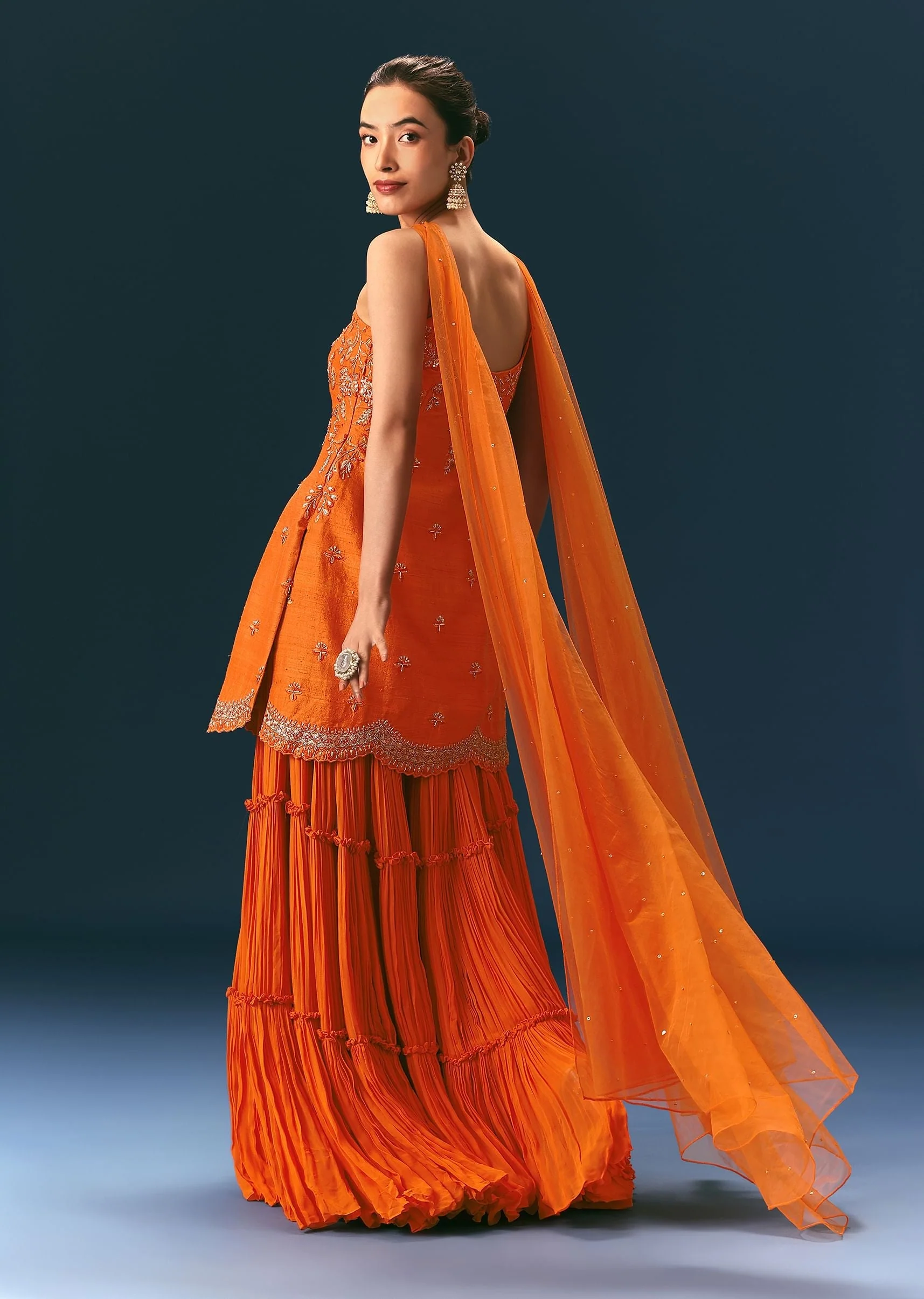 Orange Raw Silk Hand Work Kurti Sharara With Choker Dupatta - Image 5