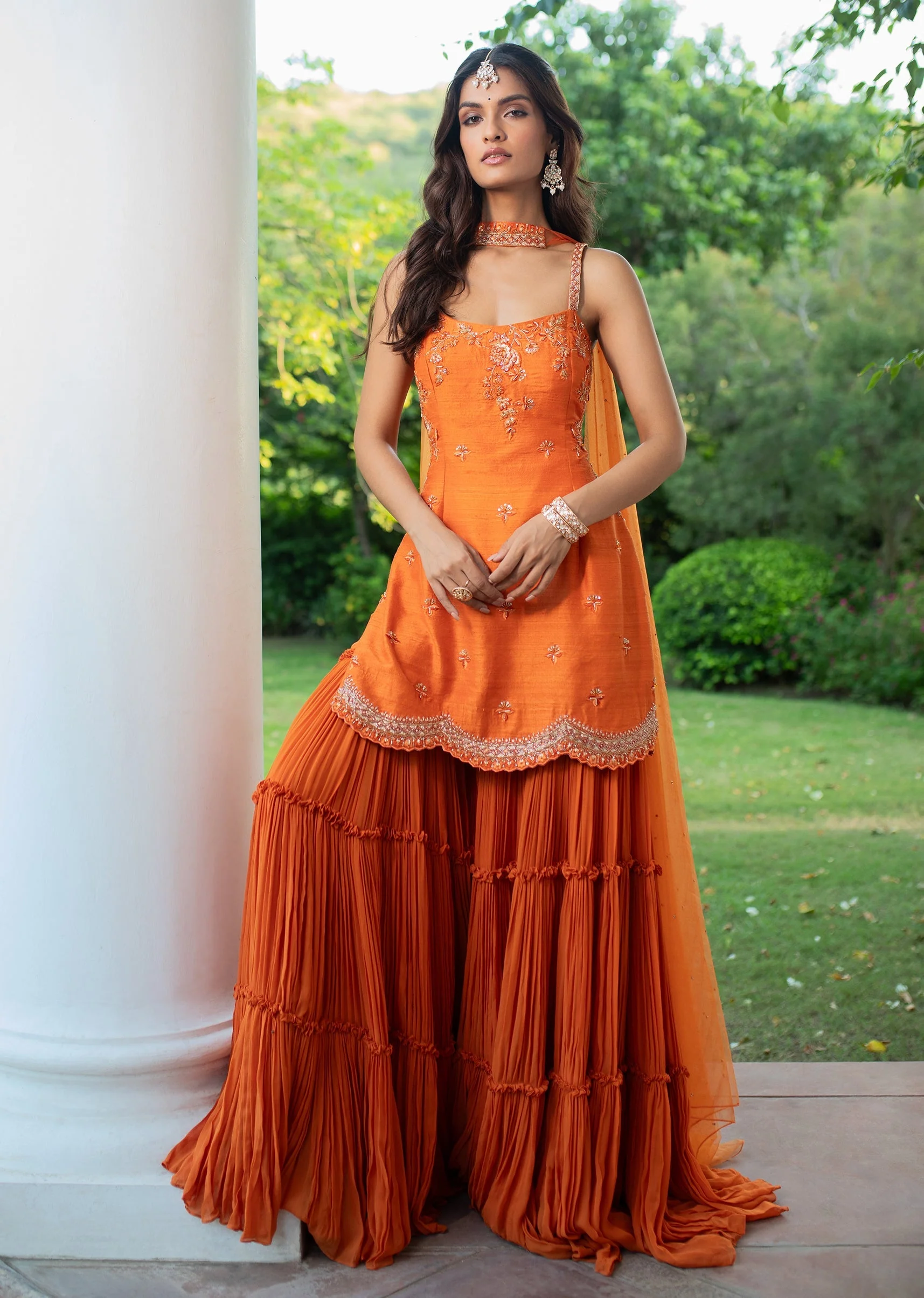 Orange Raw Silk Hand Work Kurti Sharara With Choker Dupatta - Image 6