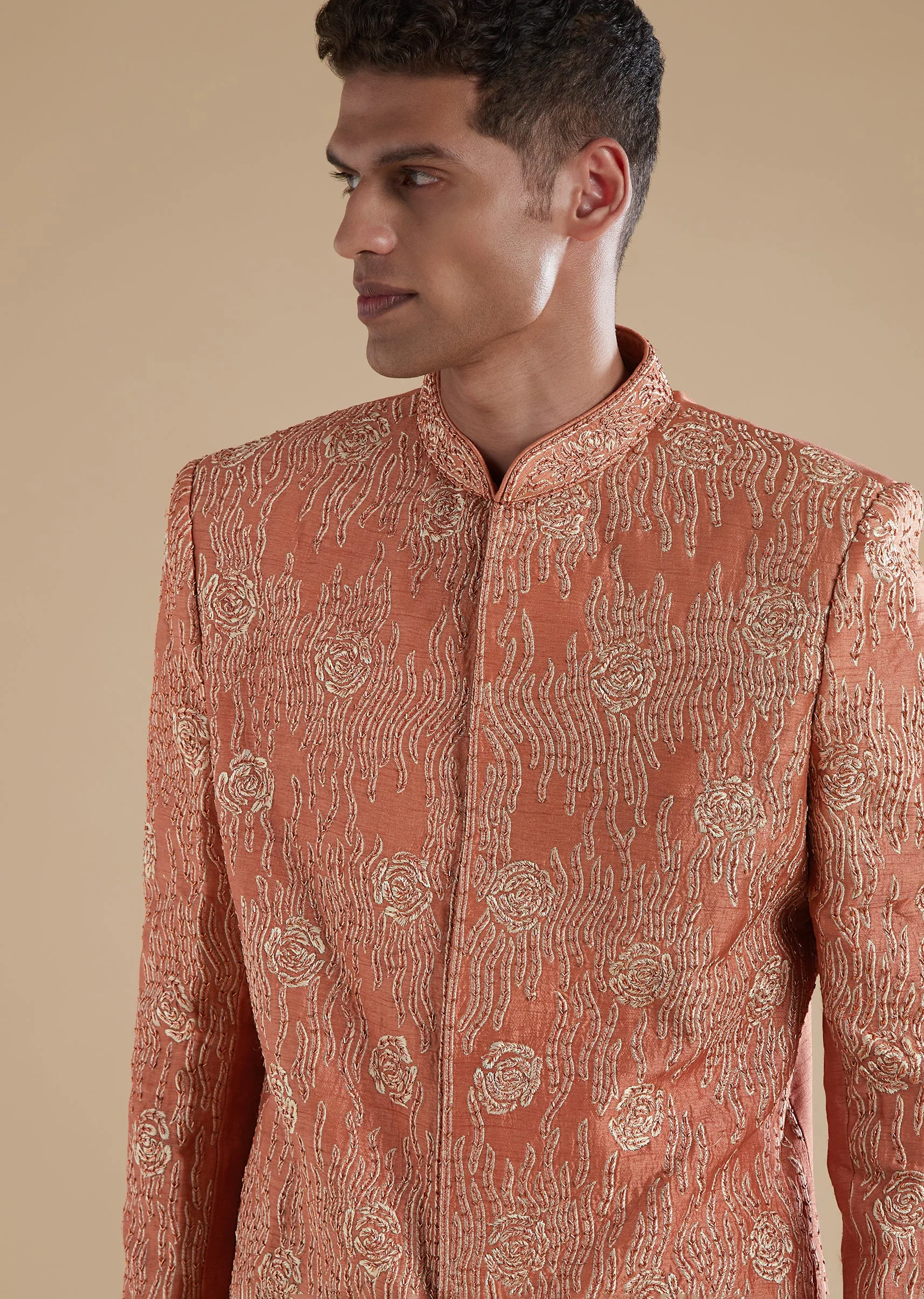 Orange Rust Raw Silk Mens Jodhpuris with Thread Resham Detail Work - Image 2