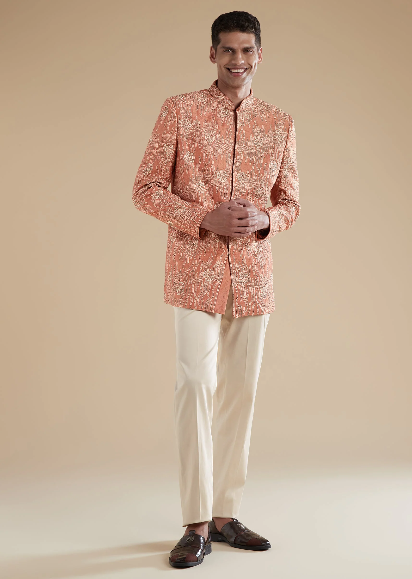 Orange Rust Raw Silk Mens Jodhpuris with Thread Resham Detail Work - Image 3