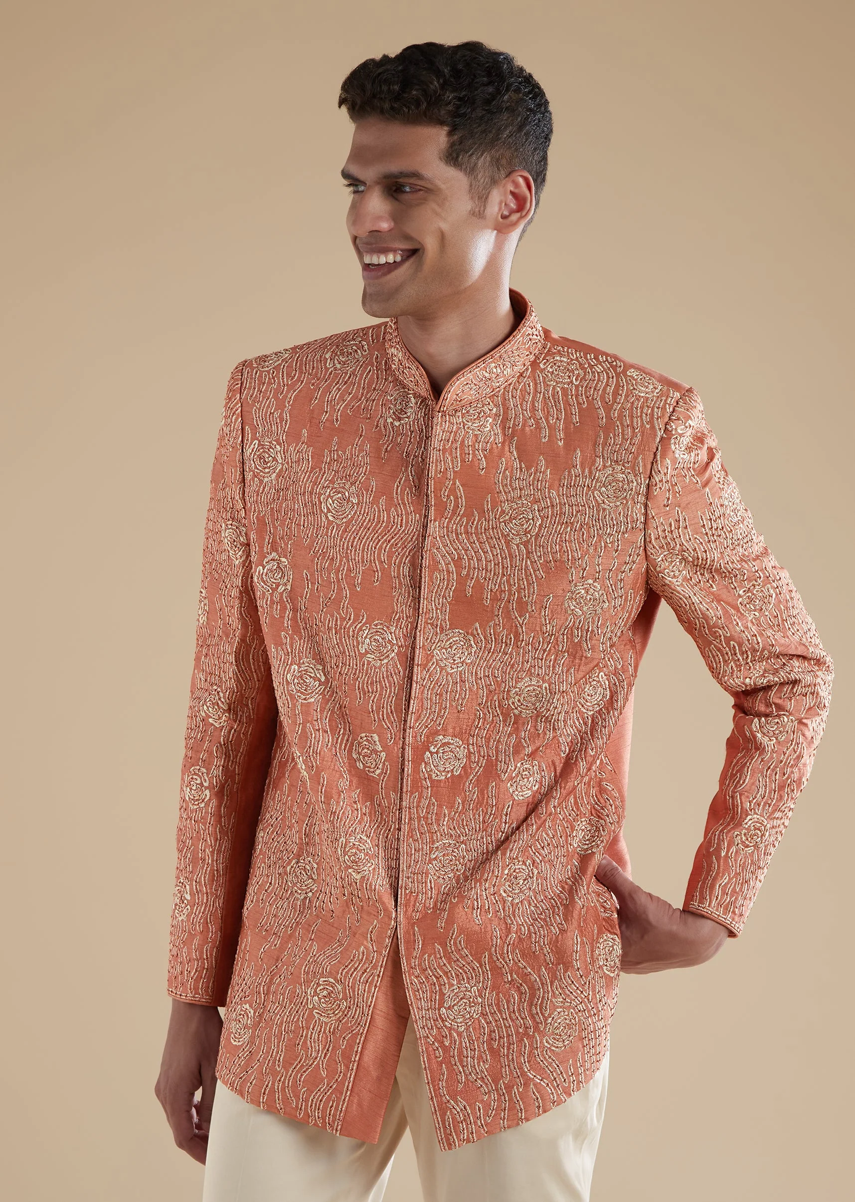 Orange Rust Raw Silk Mens Jodhpuris with Thread Resham Detail Work - Image 4