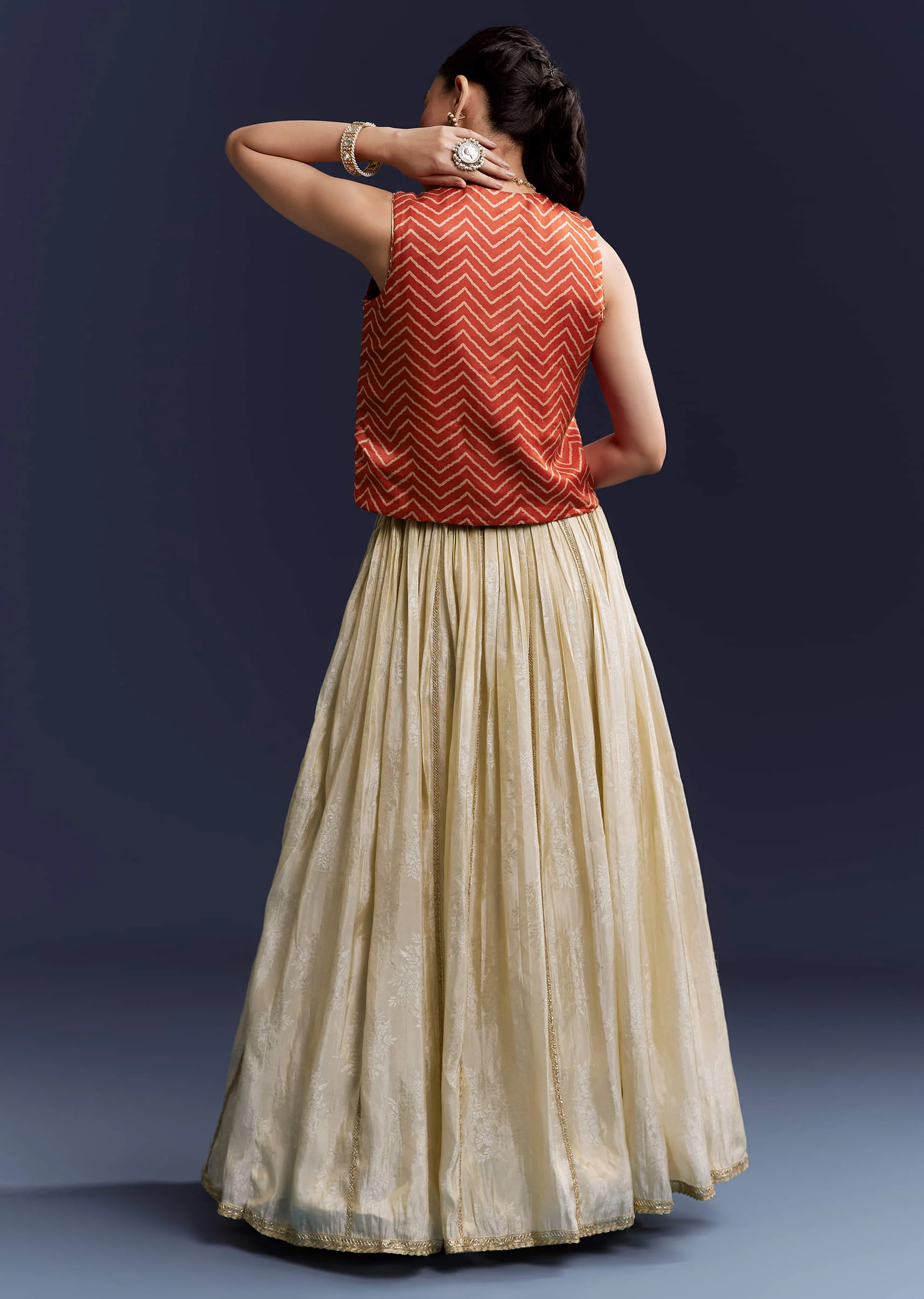 Orange Satin Festive Lehenga With Hand Dyed Chevron Print Jacket - Image 2