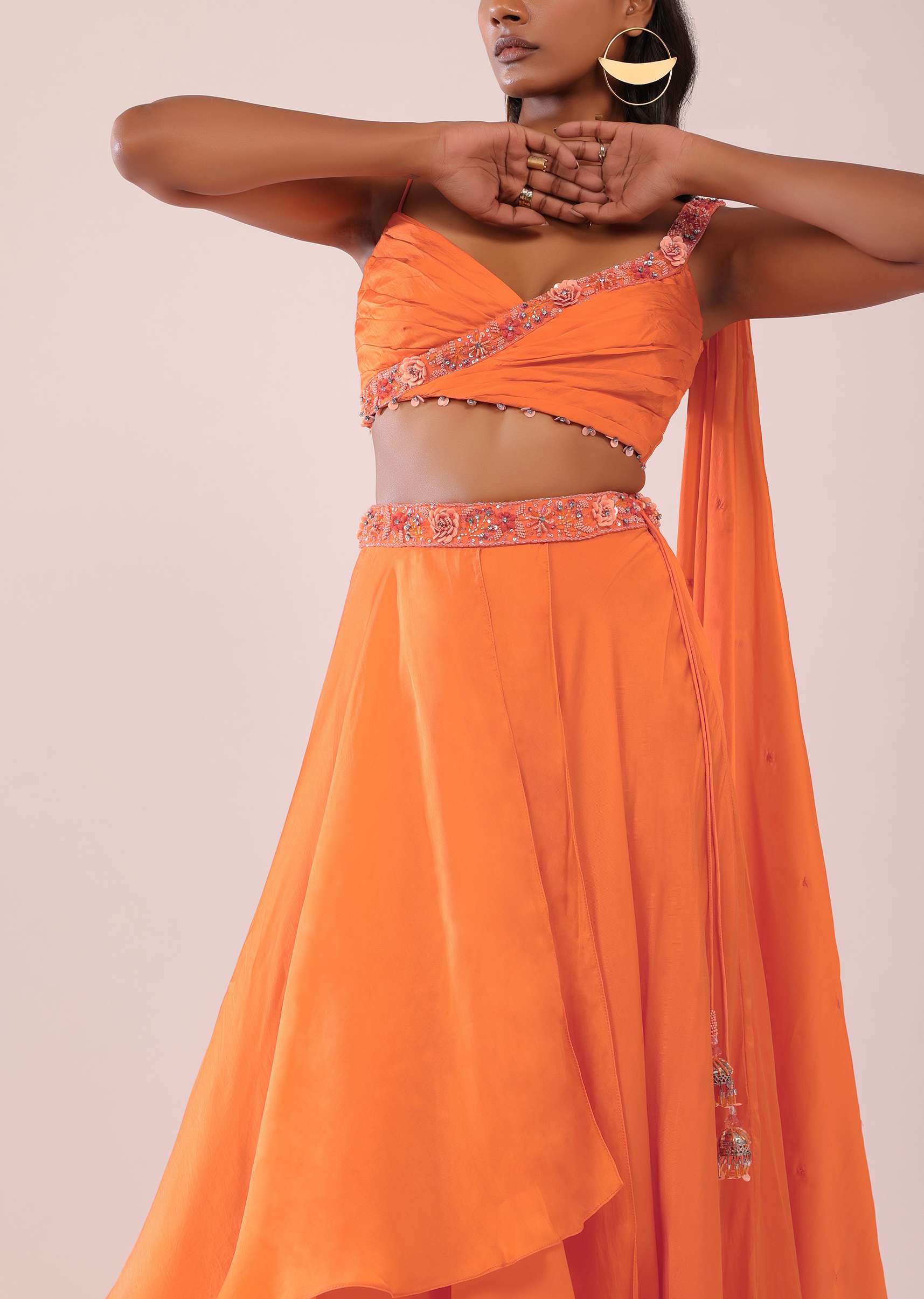 Orange Satin Organza Drape Lehenga And Blouse Set With Attached Pallu - Image 3