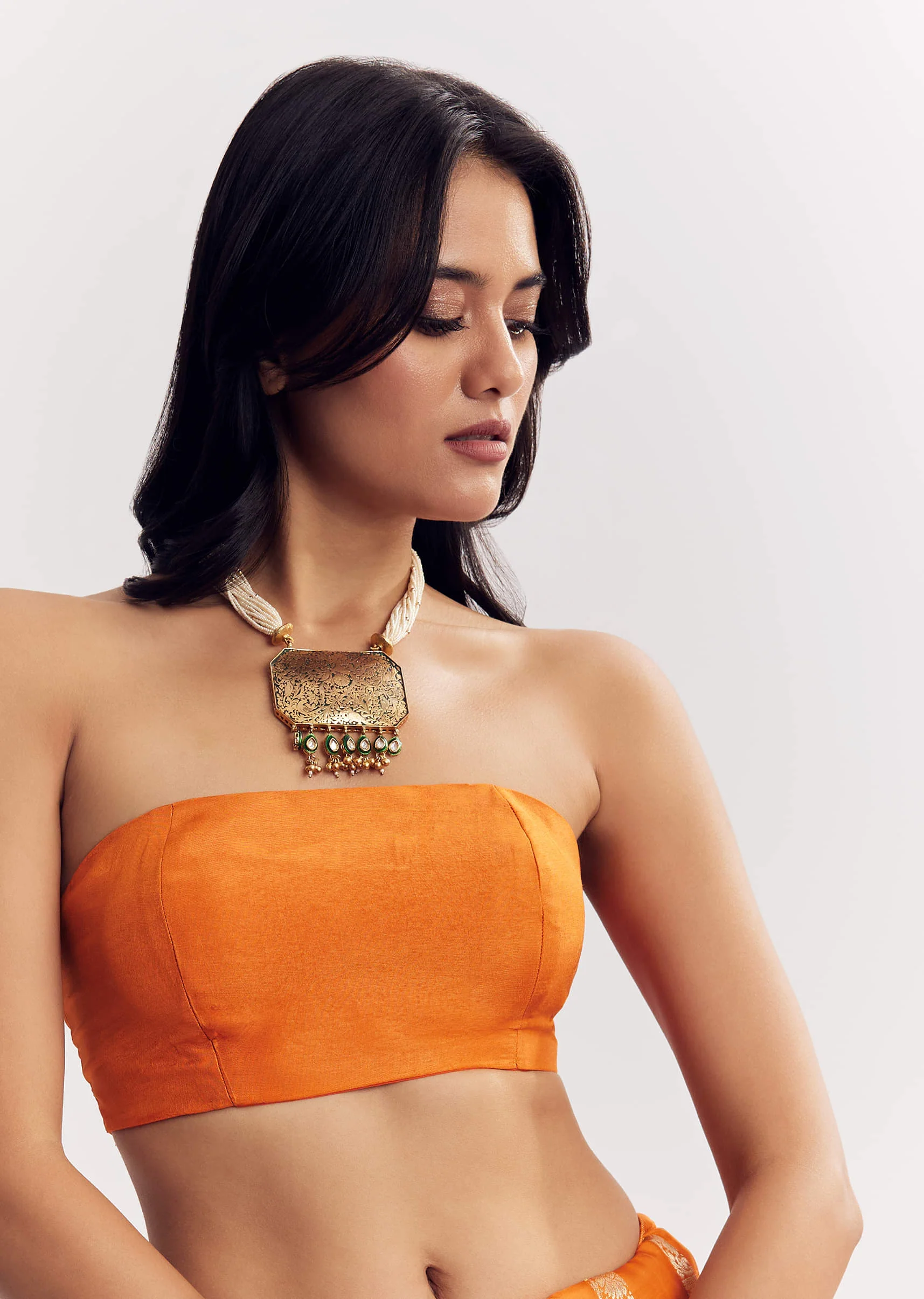 Orange Satin Saree With Zari Vine Design - Image 7