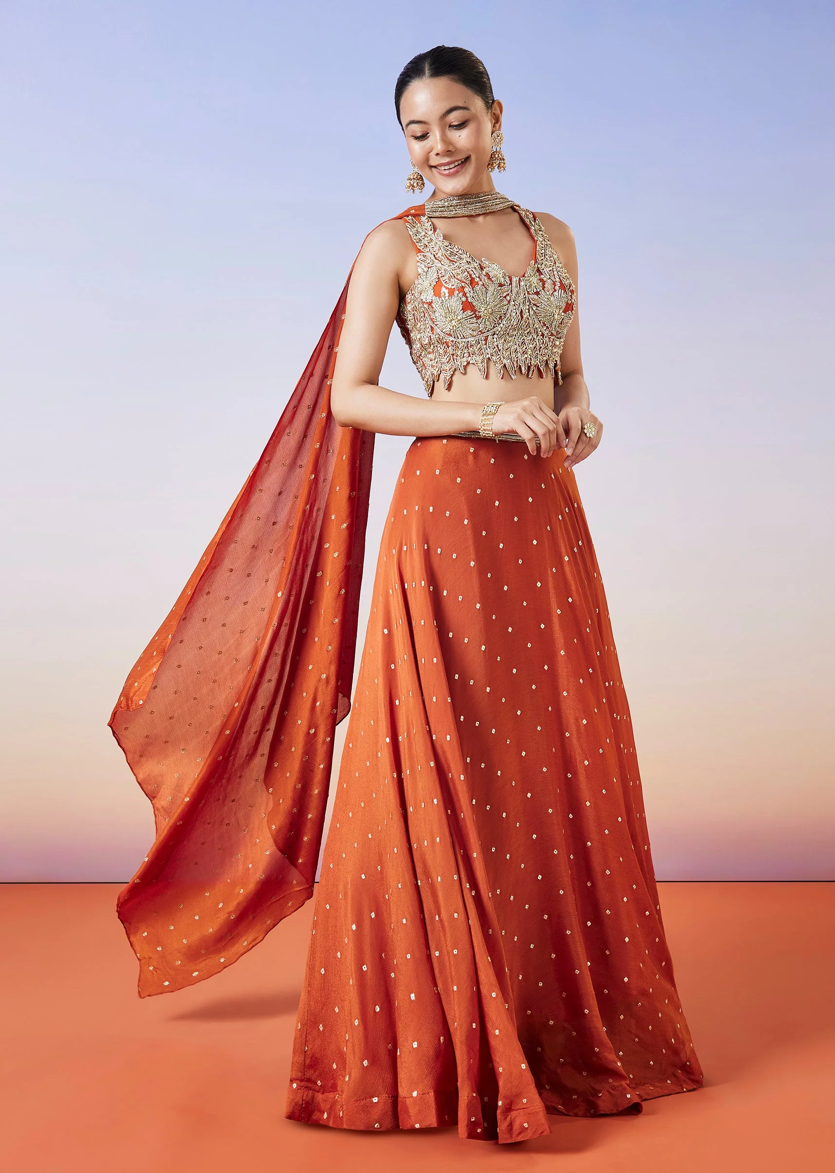 Orange Scattered Butti Embroidered Lehenga With Dupatta