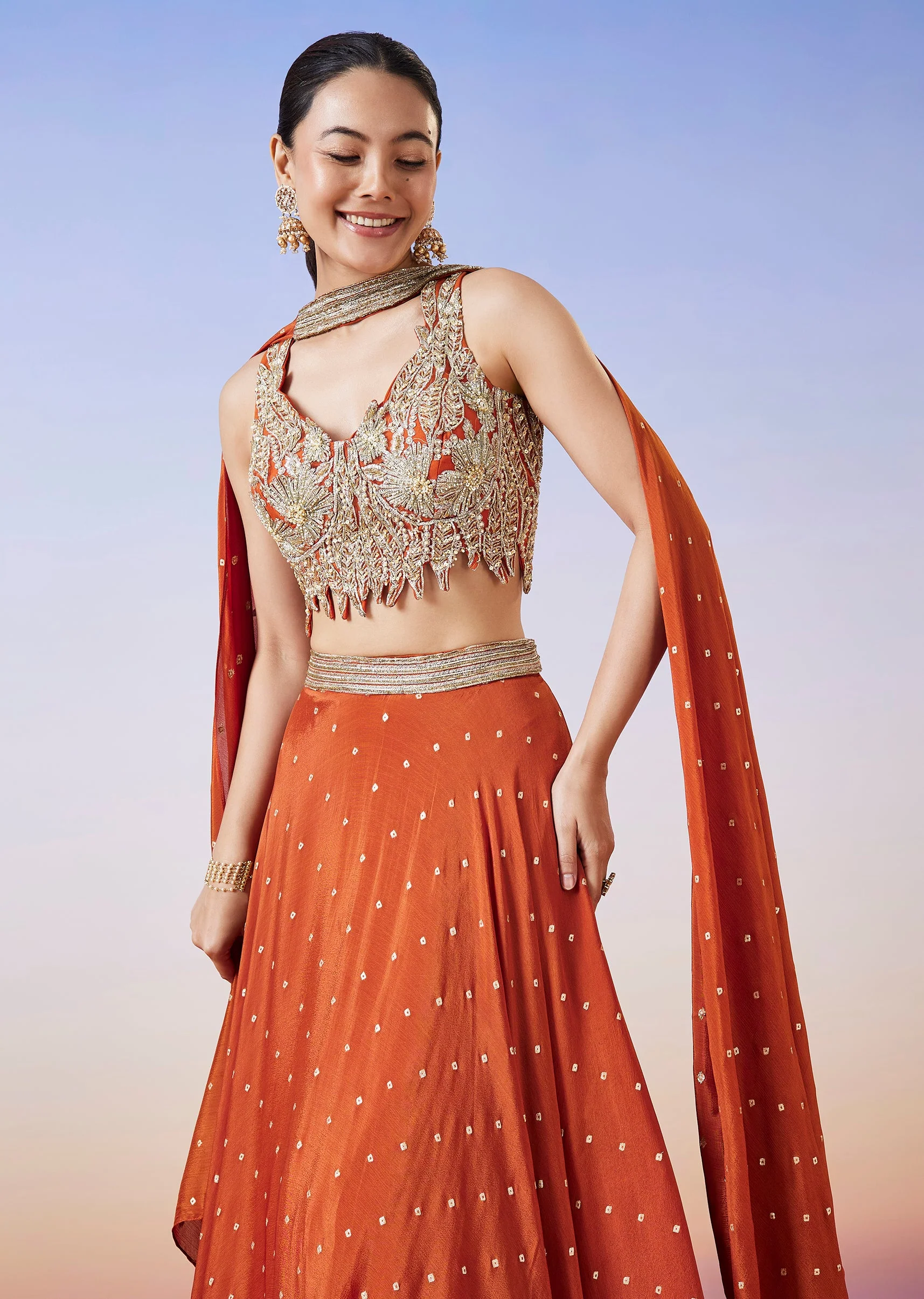 Orange Scattered Butti Embroidered Lehenga With Dupatta - Image 6