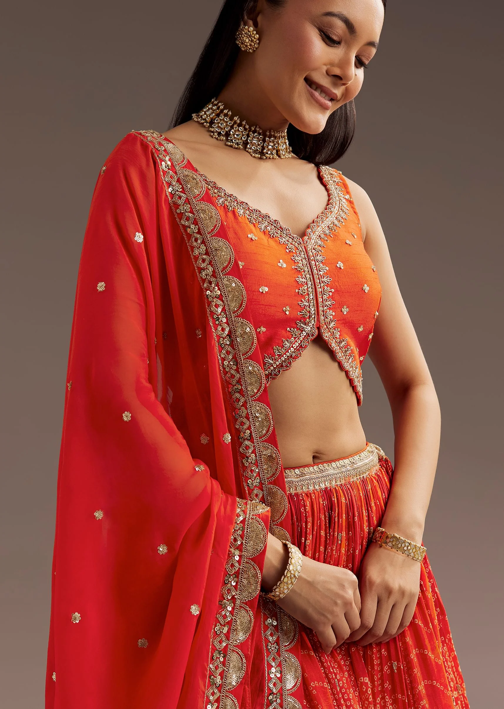 Orange Sequins Bandhani Lehenga Dupatta Set - Image 2