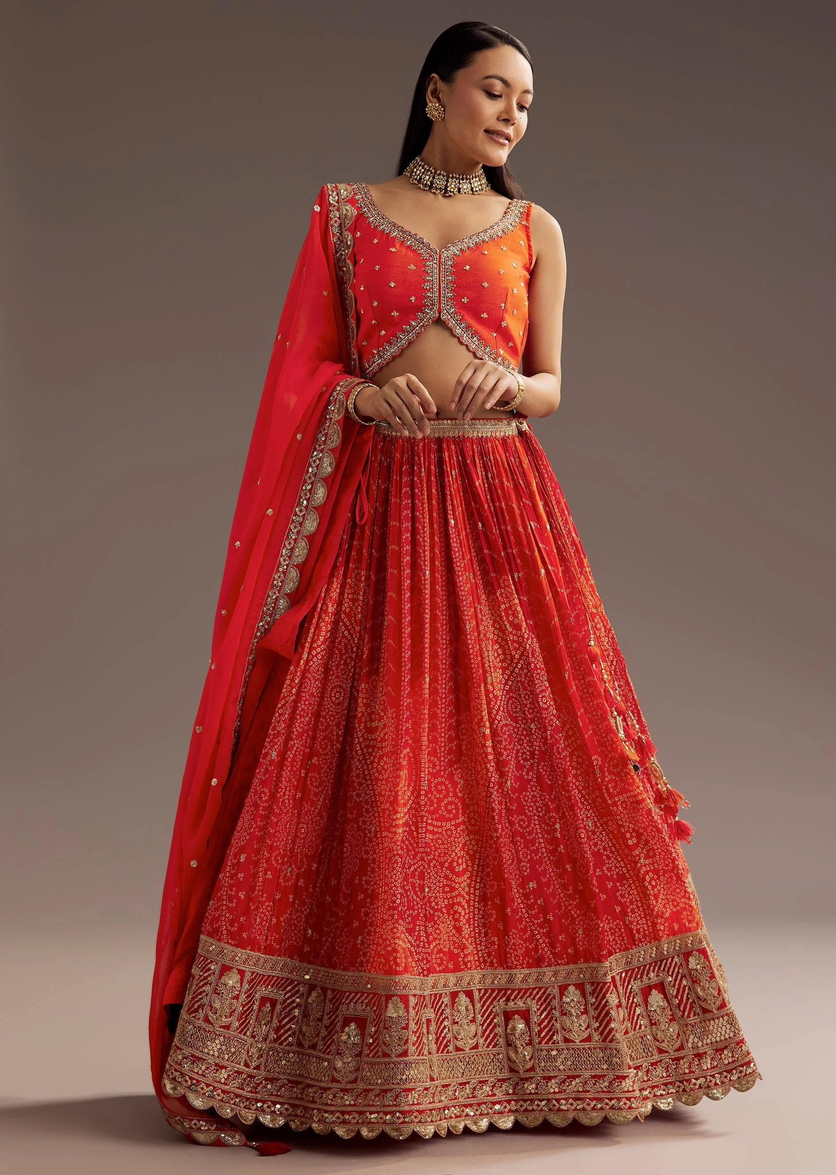 Orange Sequins Bandhani Lehenga Dupatta Set - Image 3