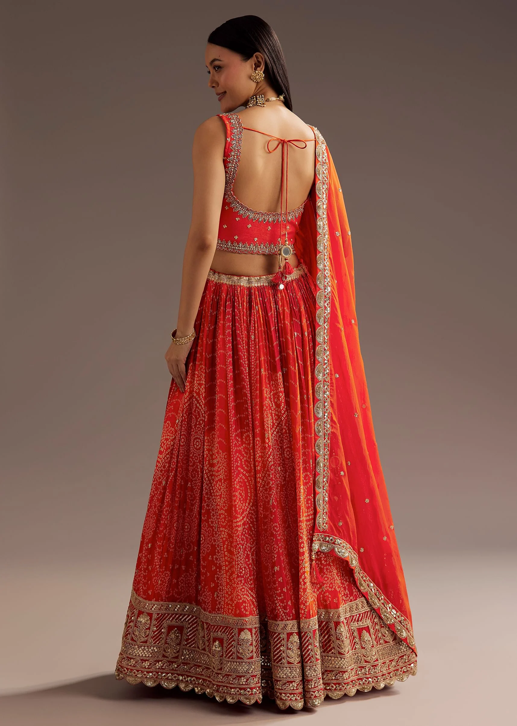 Orange Sequins Bandhani Lehenga Dupatta Set - Image 5