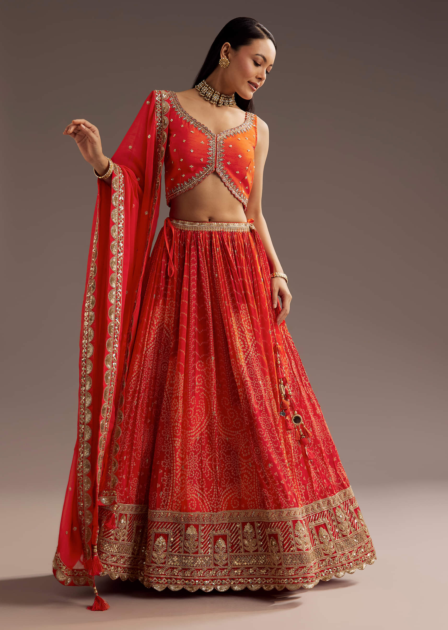 Orange Sequins Bandhani Lehenga Dupatta Set - Image 6