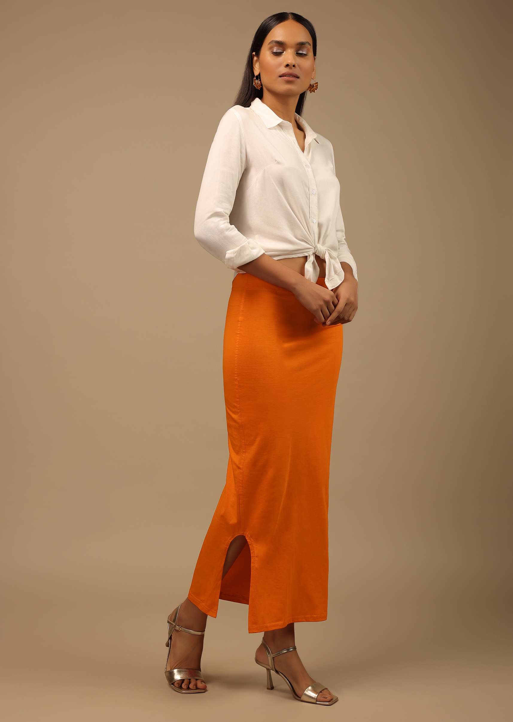 Orange Shapewear Saree Petticoat In Cotton Lycra With Elastic Waistband And Slit - Image 4