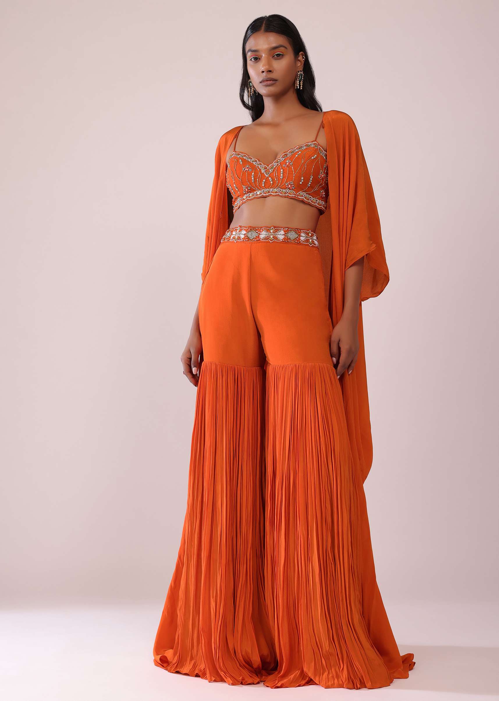 Orange Sharara And Embroidered Blouse Set With Floor Length Shrug In Crepe - Image 3