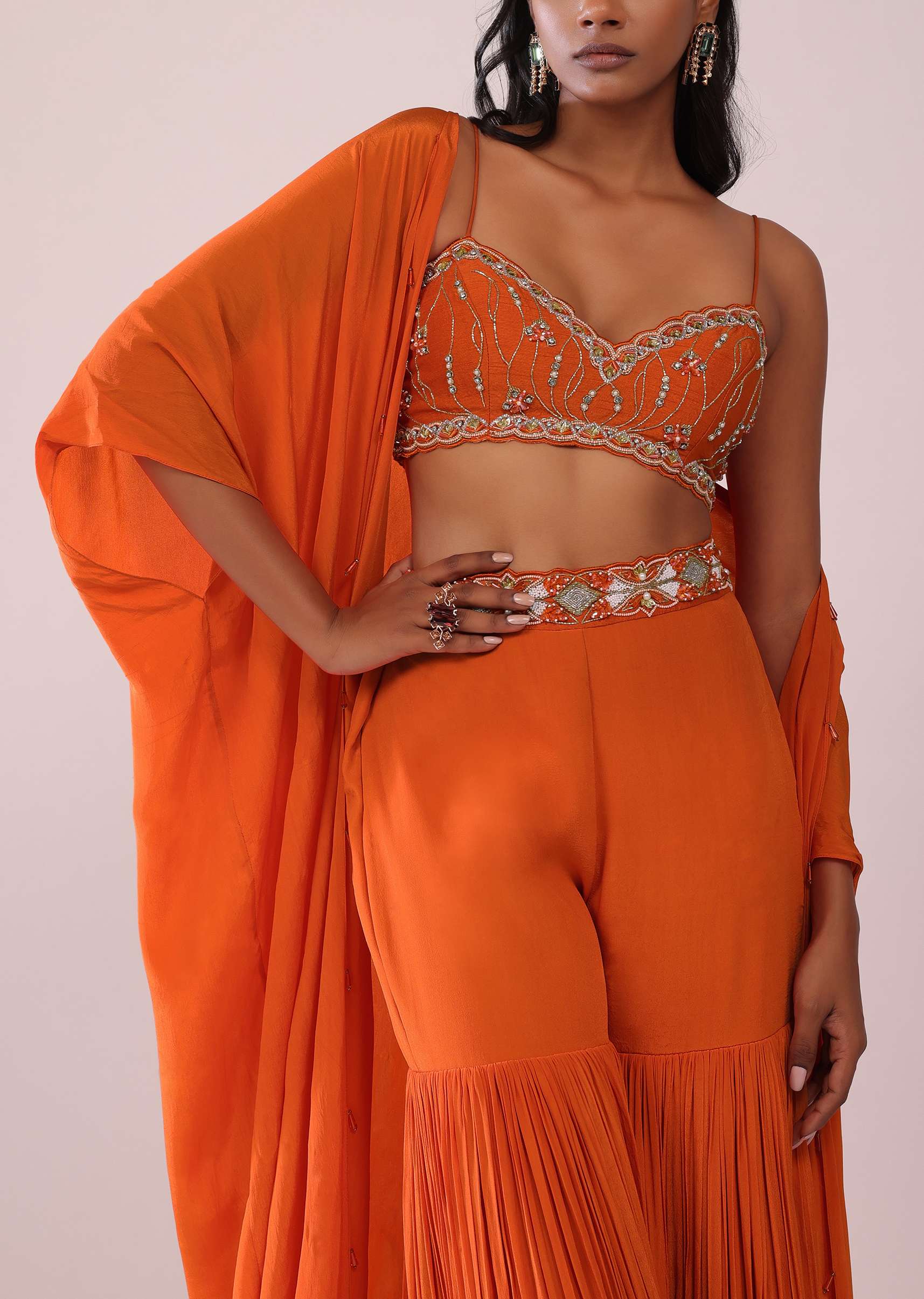 Orange Sharara And Embroidered Blouse Set With Floor Length Shrug In Crepe - Image 4