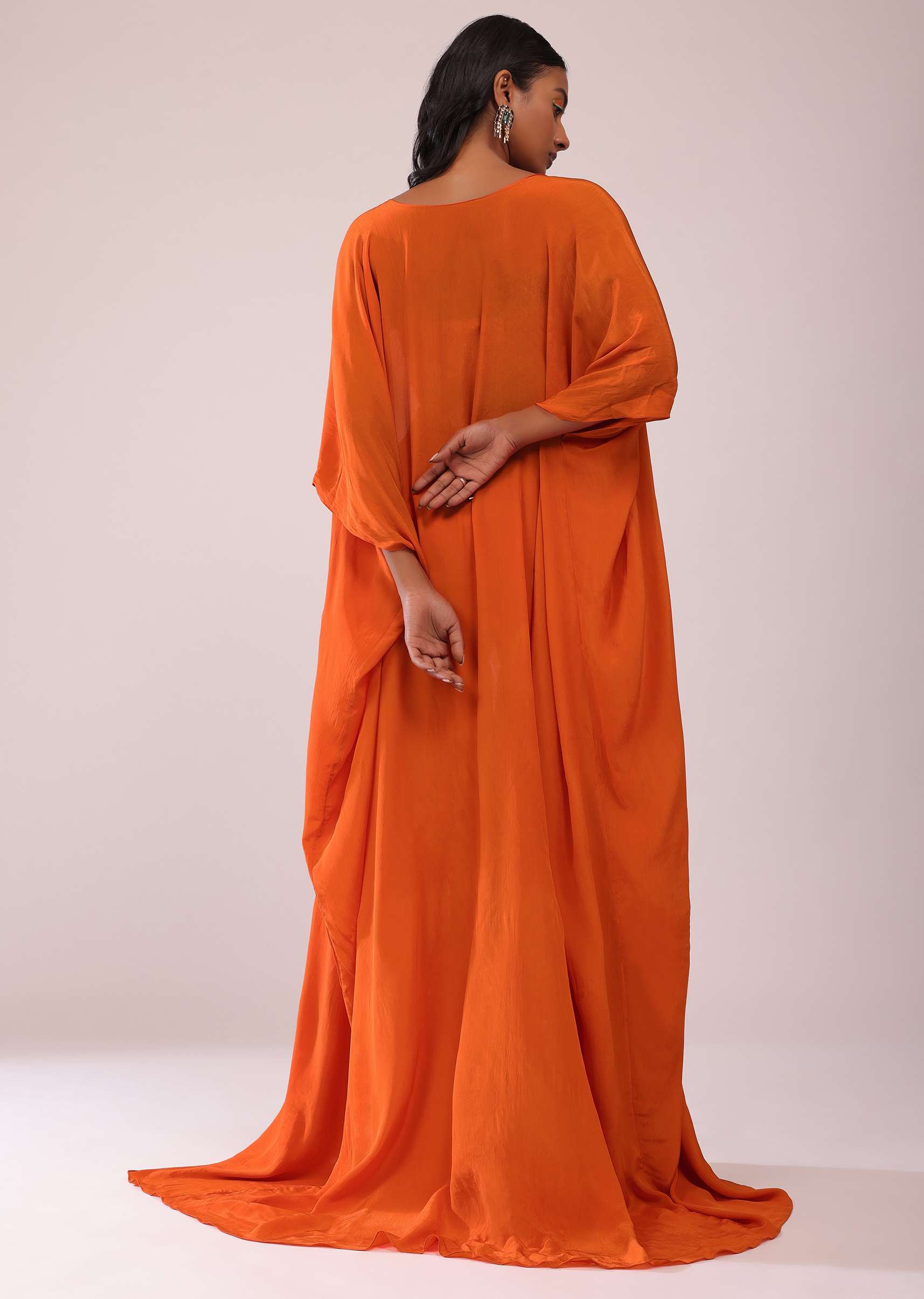 Orange Sharara And Embroidered Blouse Set With Floor Length Shrug In Crepe - Image 5
