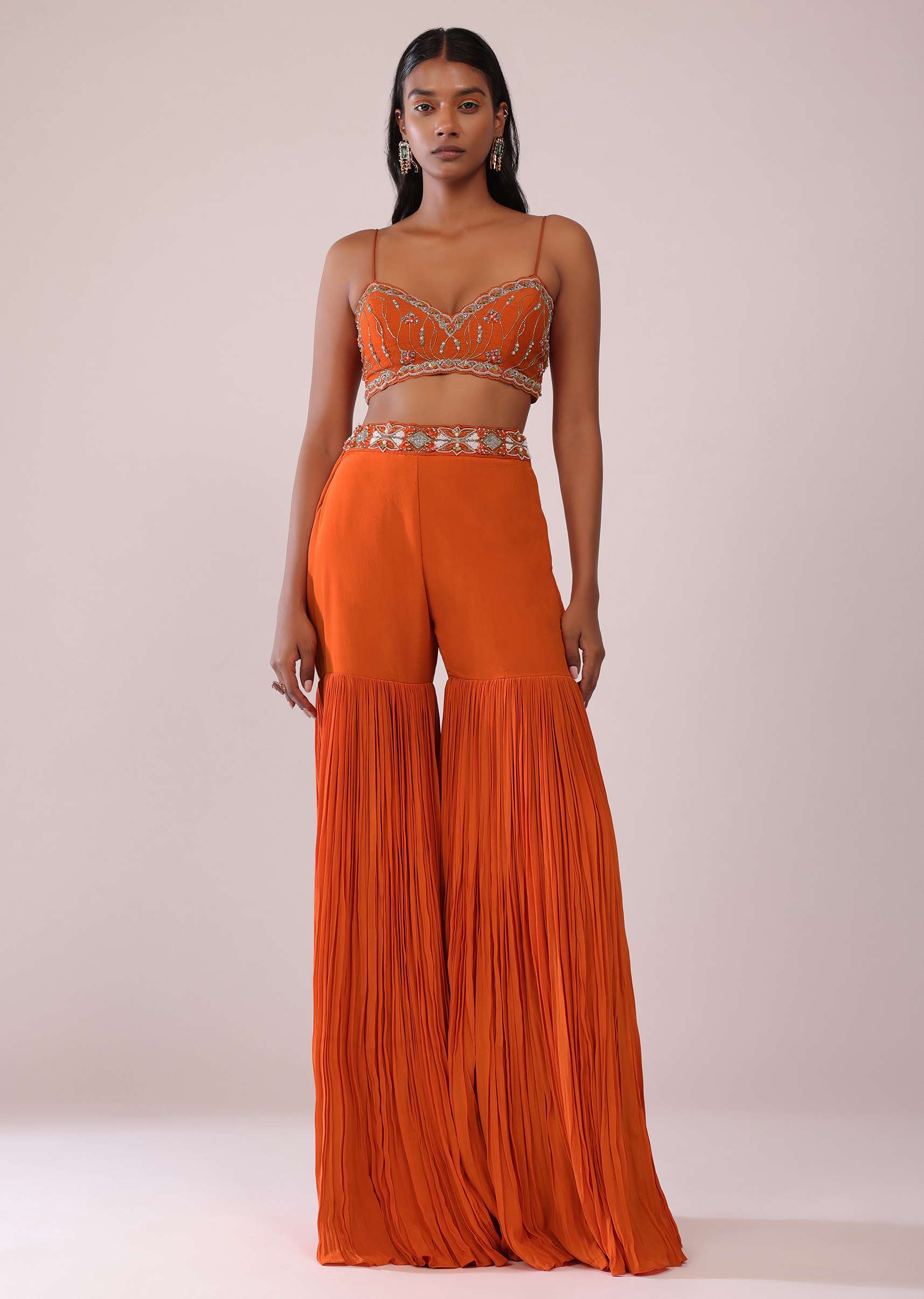Orange Sharara And Embroidered Blouse Set With Floor Length Shrug In Crepe - Image 6