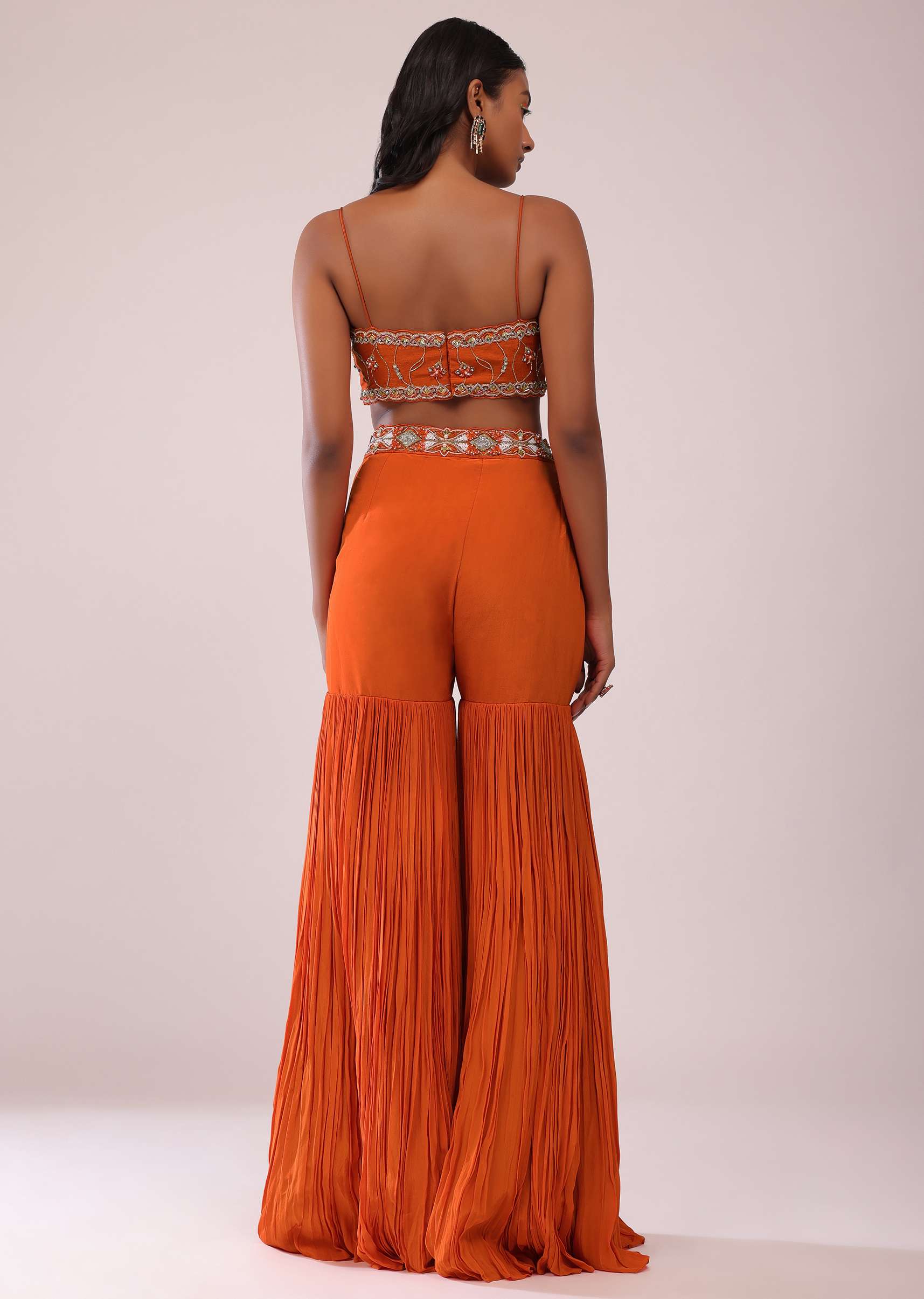 Orange Sharara And Embroidered Blouse Set With Floor Length Shrug In Crepe - Image 7