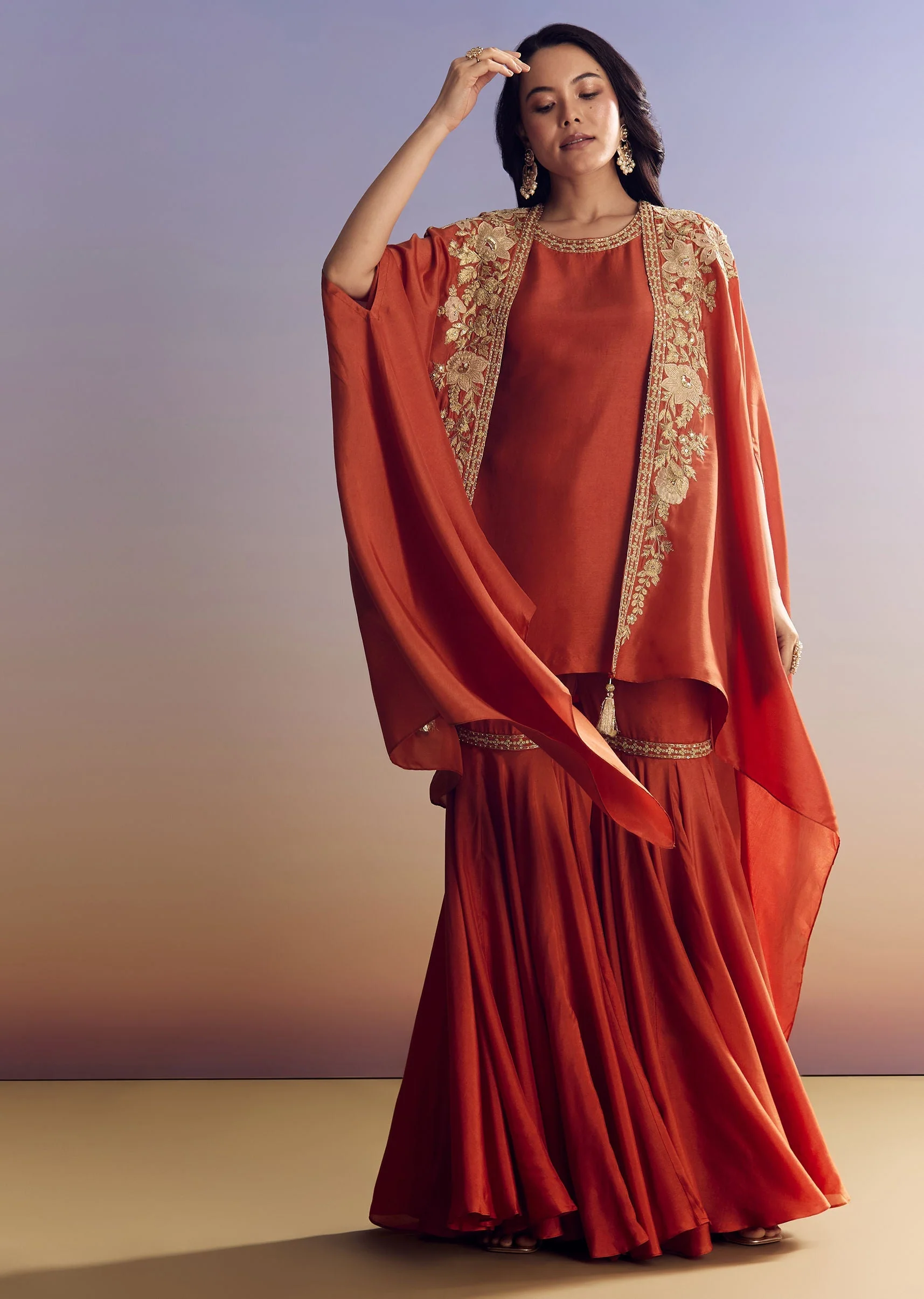 Orange Sharara With Zari Cape - Image 3