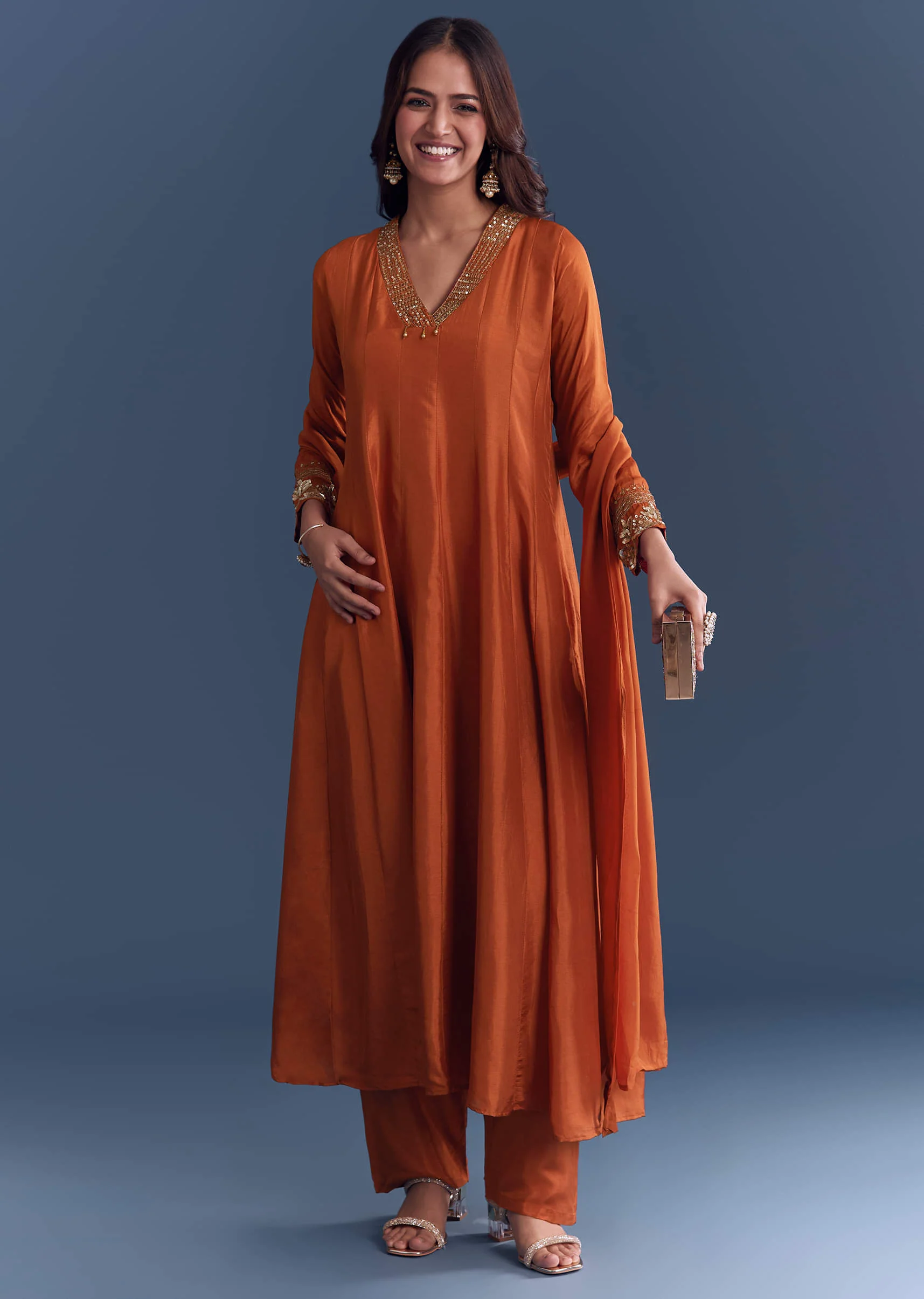 Orange Silk Anarkali Suit With Sequins And Cutdana Work - Image 3