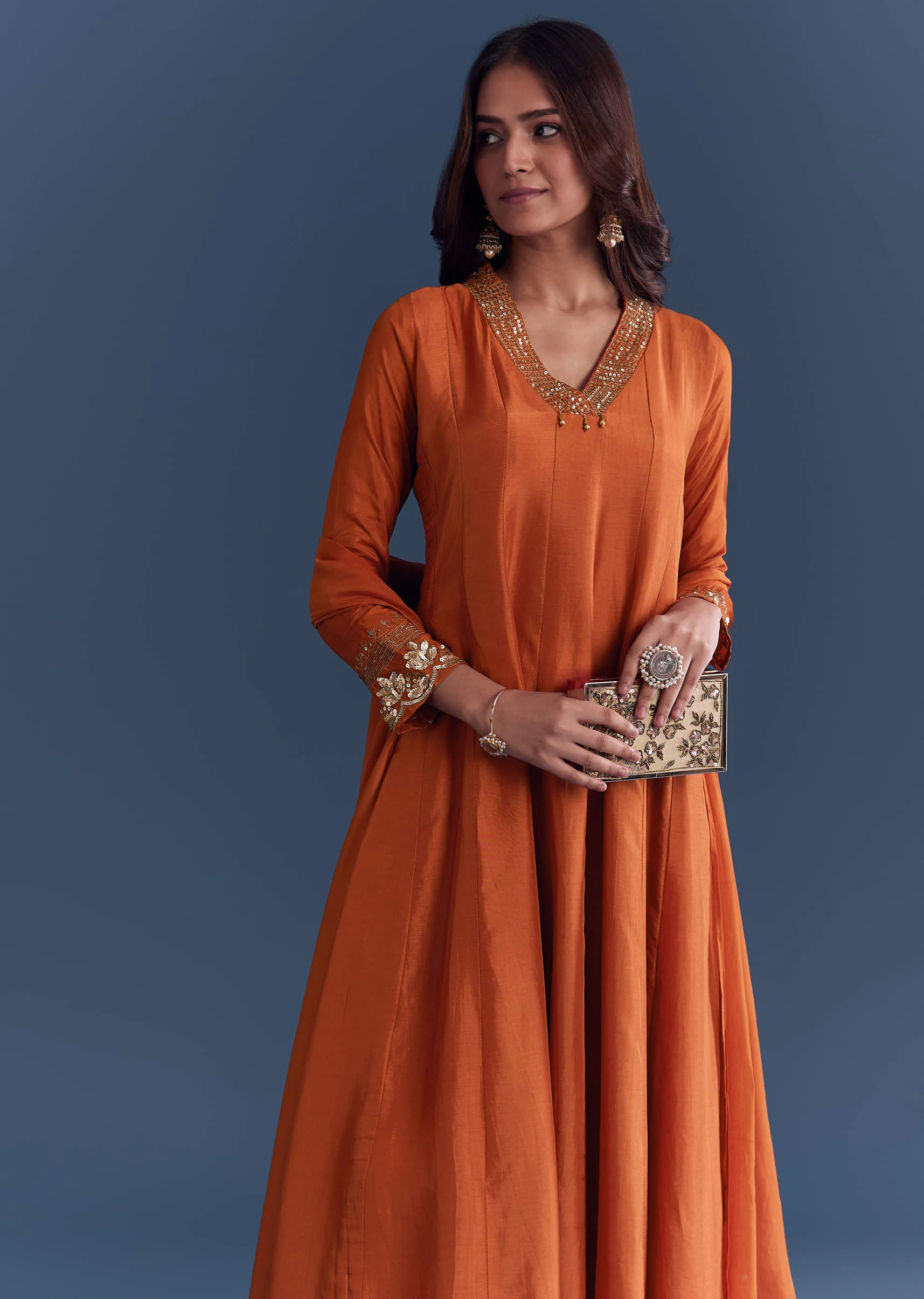 Orange Silk Anarkali Suit With Sequins And Cutdana Work - Image 4