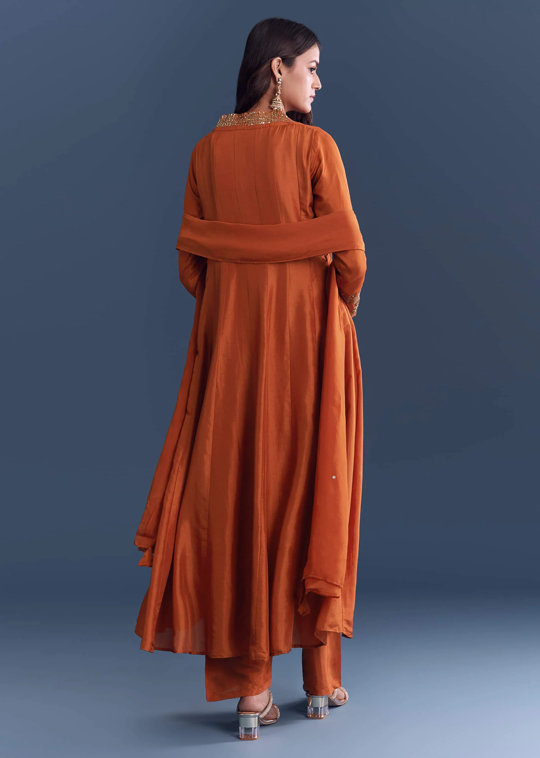 Orange Silk Anarkali Suit With Sequins And Cutdana Work - Image 5