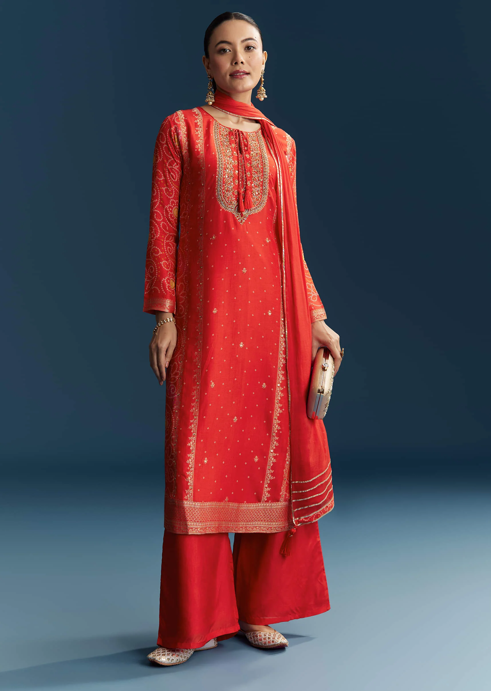 Orange Silk Bandhani Palazzo Suit With Embroidery