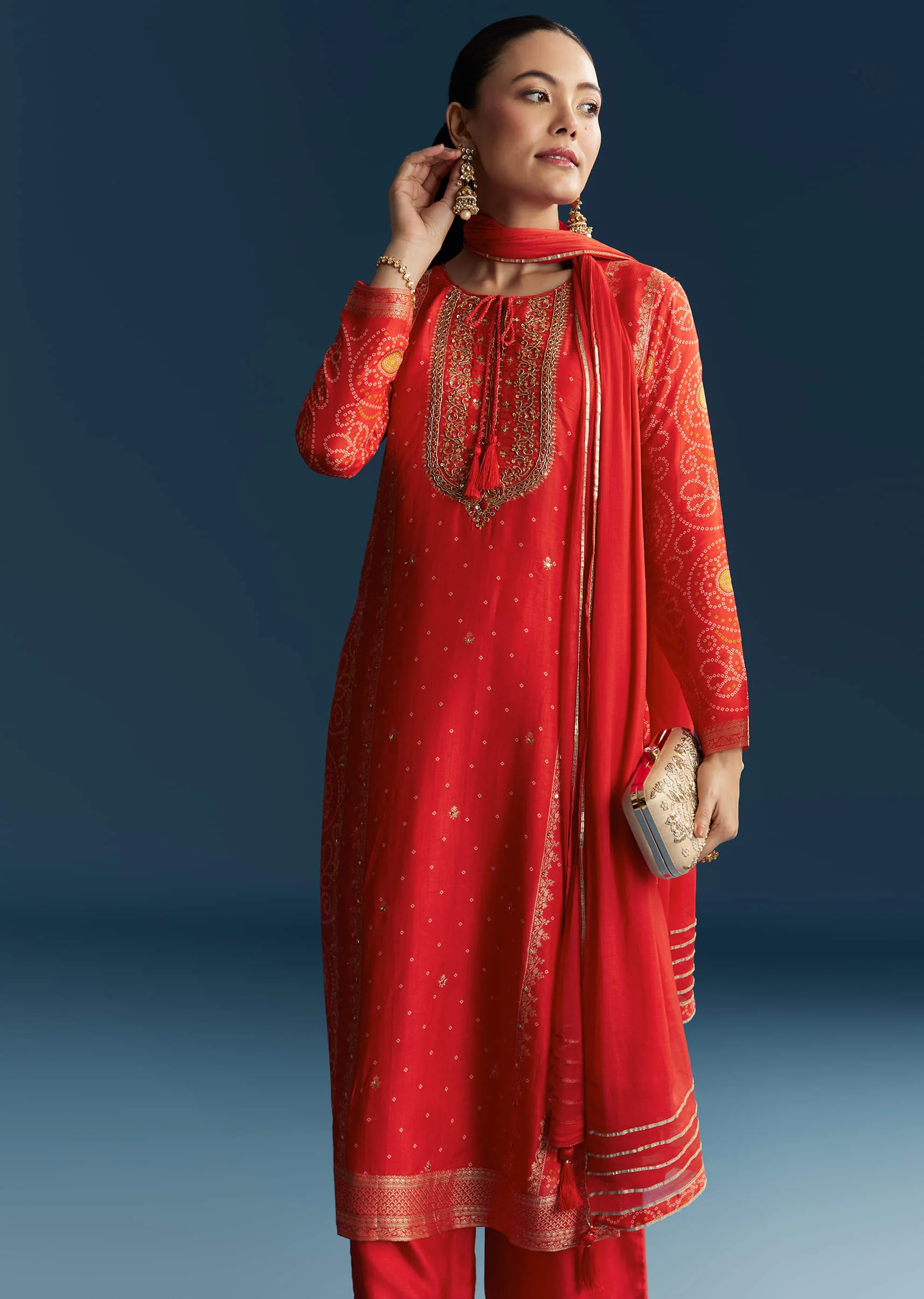 Orange Silk Bandhani Palazzo Suit With Embroidery - Image 4