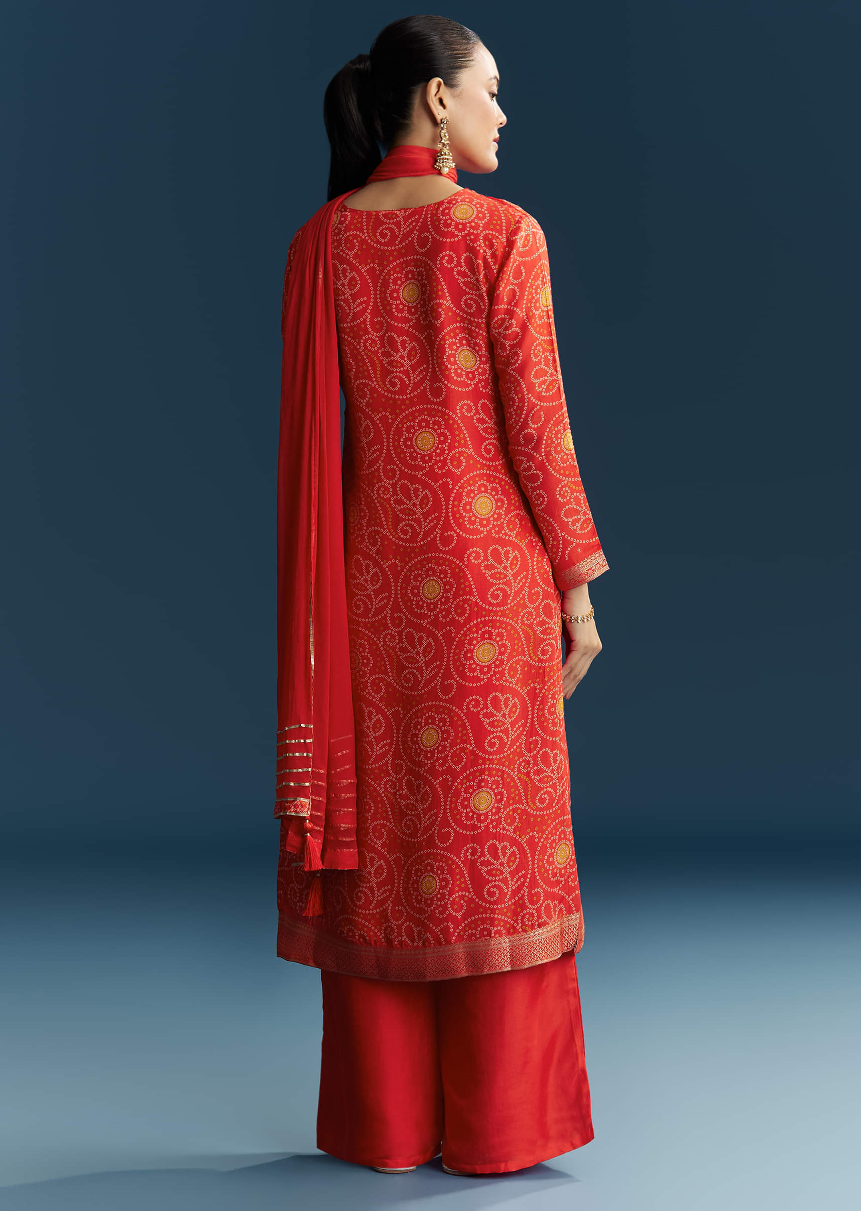 Orange Silk Bandhani Palazzo Suit With Embroidery - Image 5