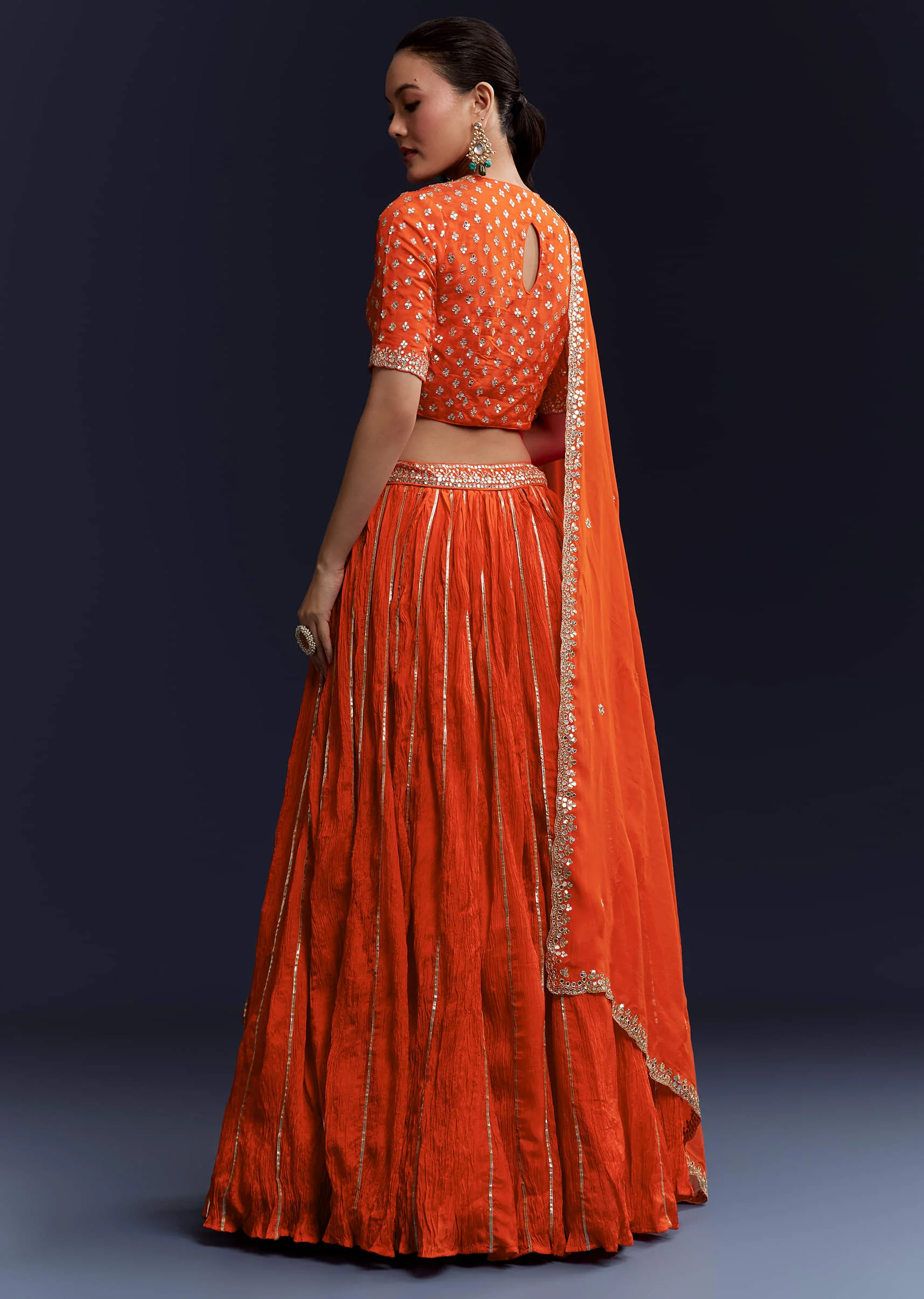 Orange Silk Bridesmaid Lehenga Set with Gota Lace Work - Image 2