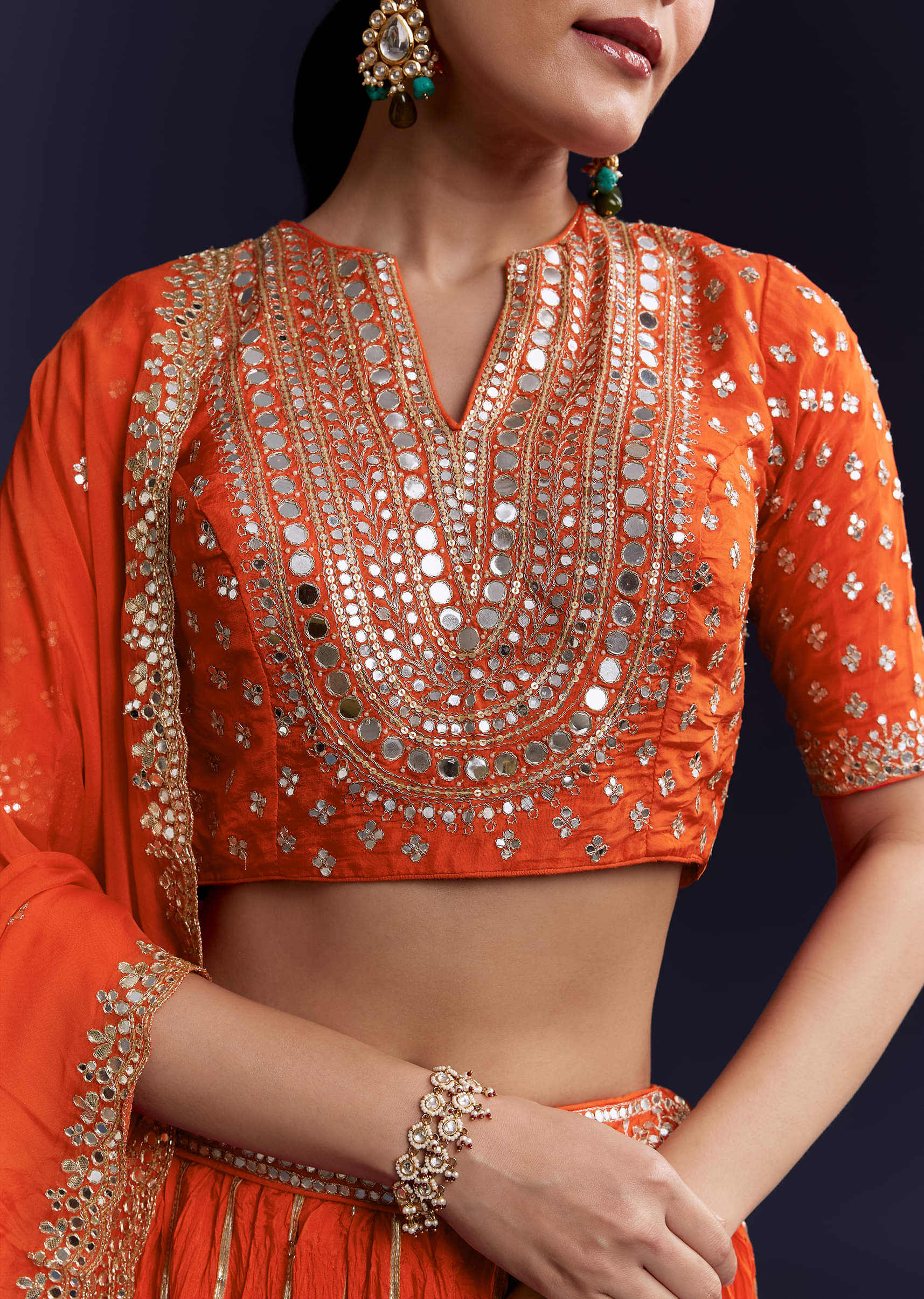 Orange Silk Bridesmaid Lehenga Set with Gota Lace Work - Image 3