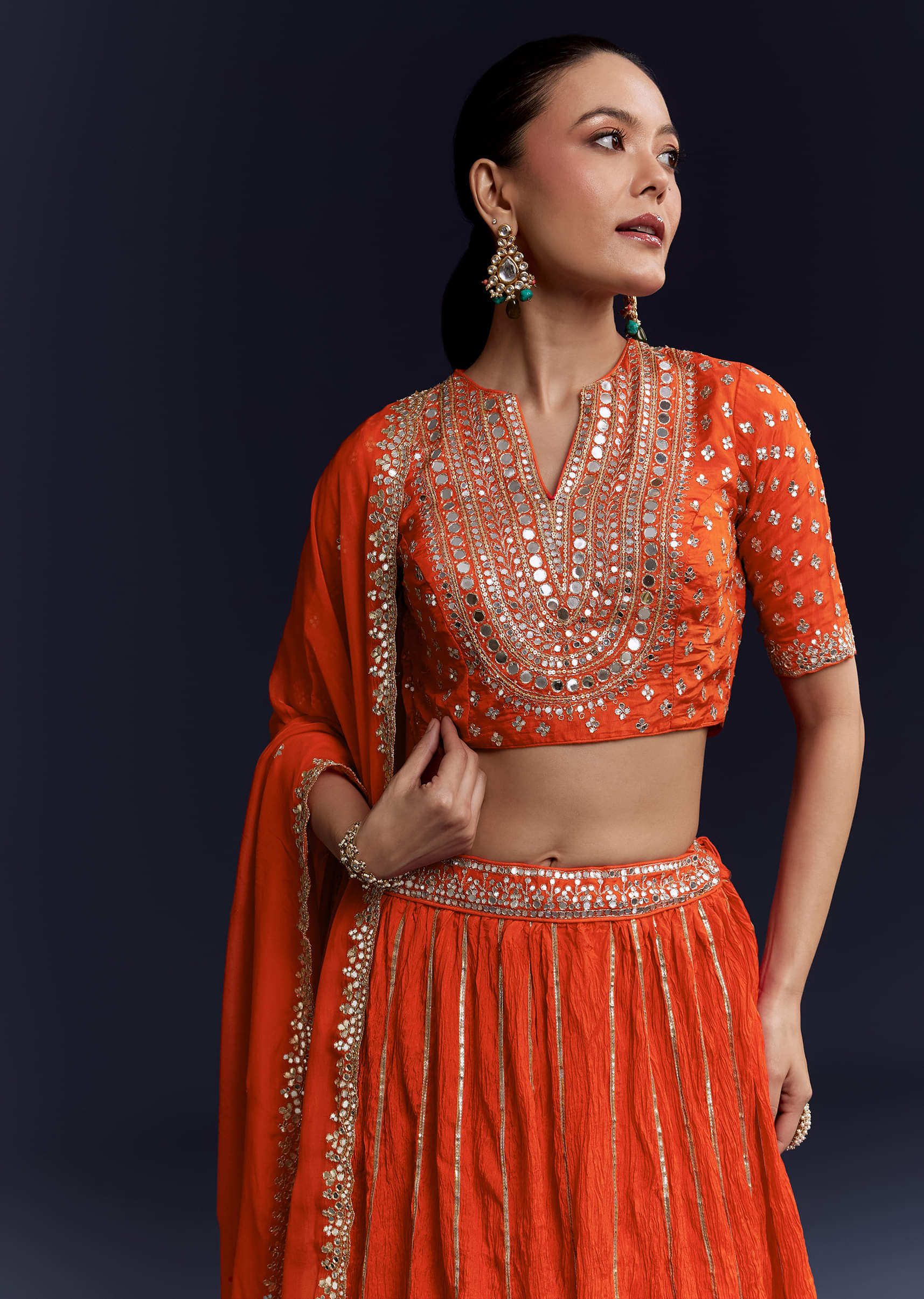 Orange Silk Bridesmaid Lehenga Set with Gota Lace Work - Image 5