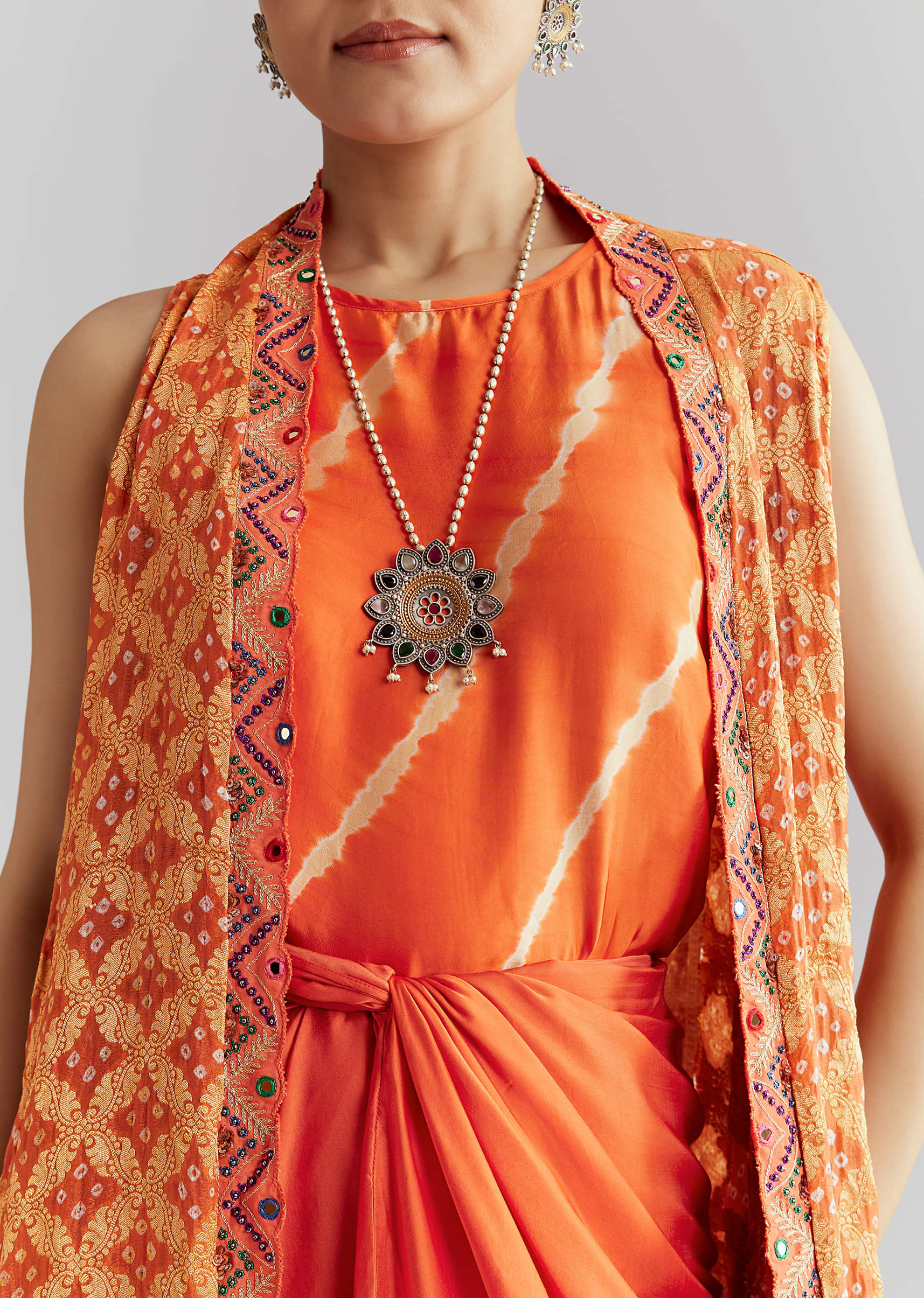 Orange Silk Crop Top And Wrap Skirt Set With Bandhani banarasi jacket - Image 2