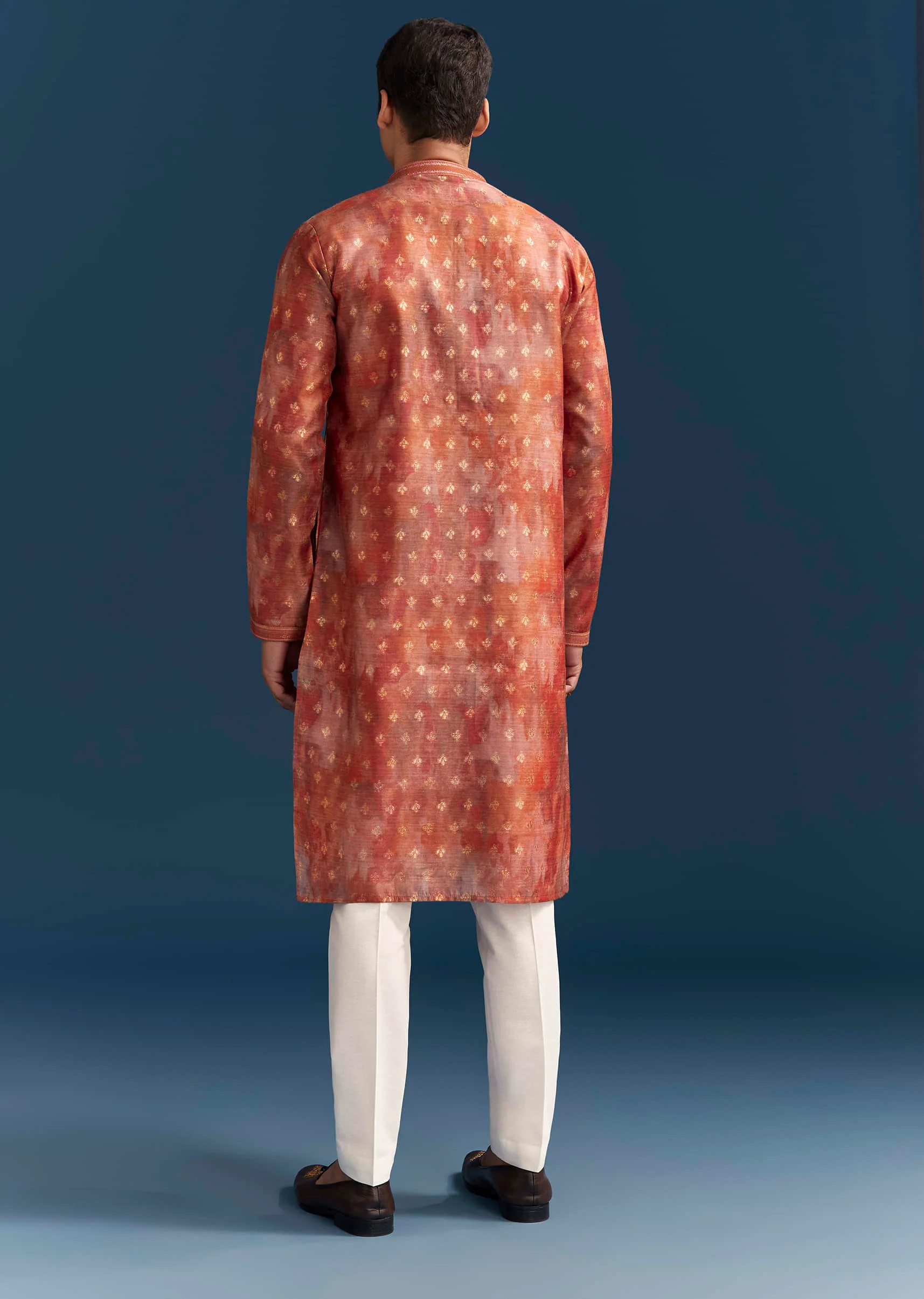 Orange Silk Kurta Set For Men With Abstract And Foil Print - Image 5