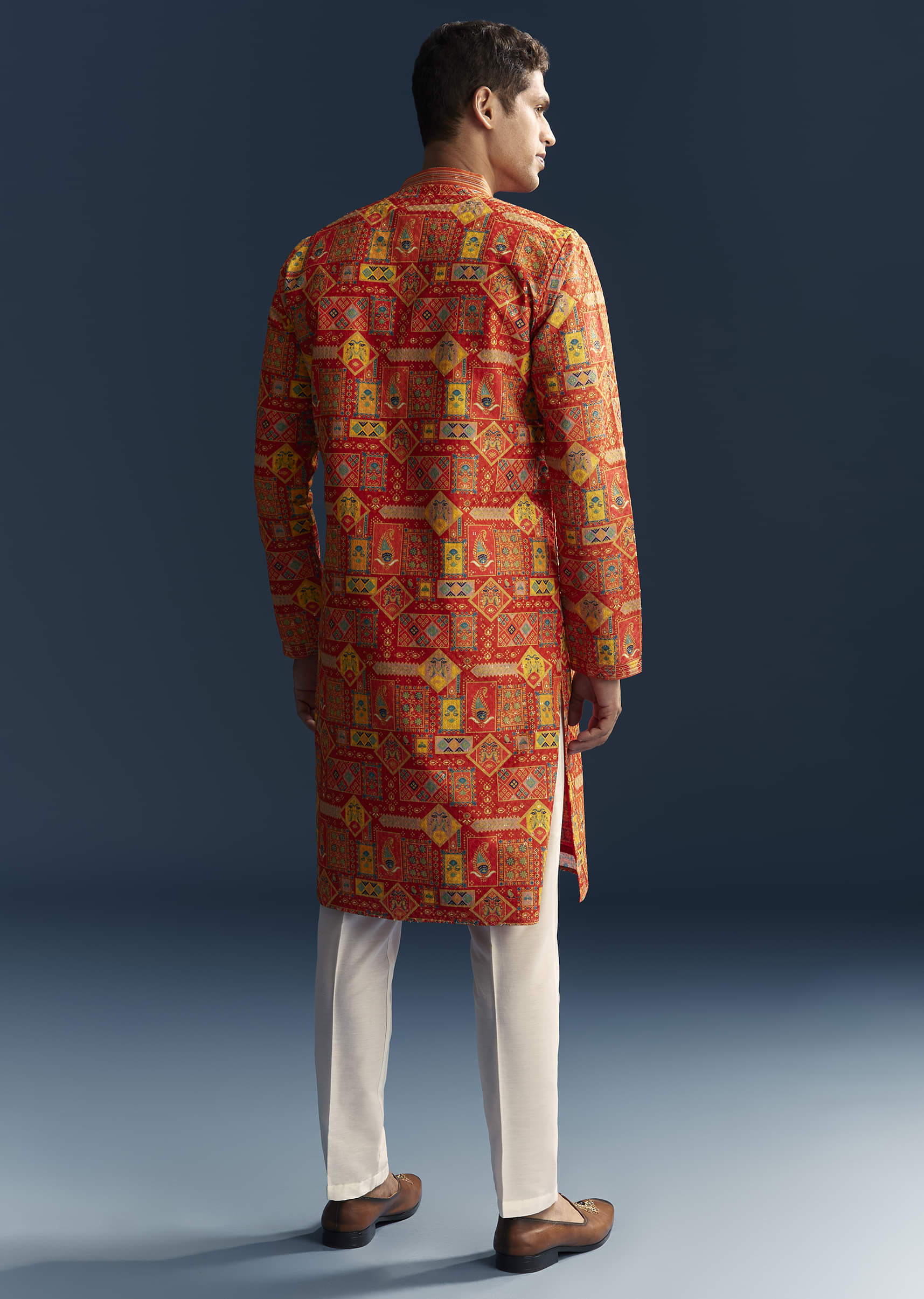 Orange Silk Kurta Set For Men With Heavy Hand Embroidery - Image 3