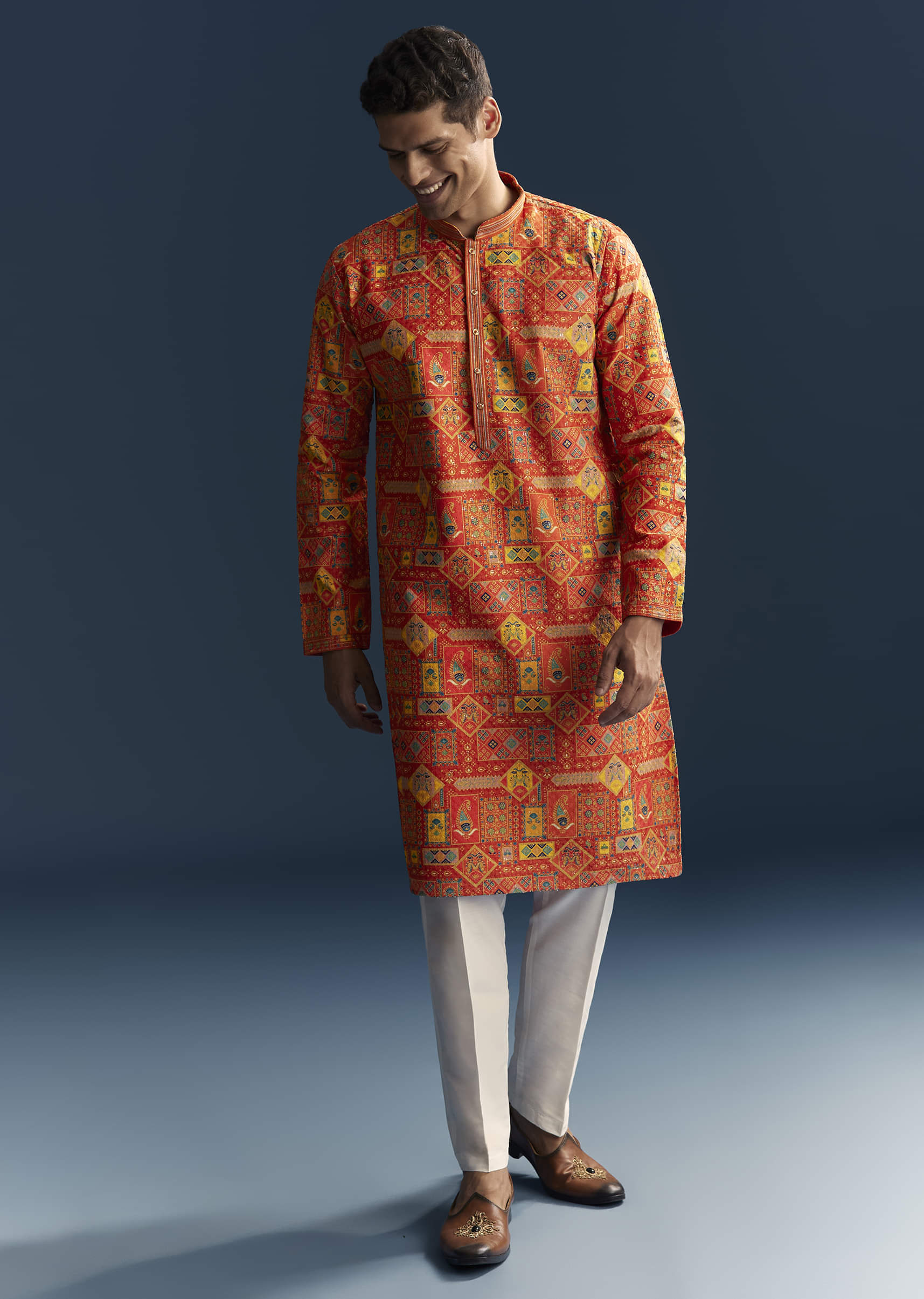 Orange Silk Kurta Set For Men With Heavy Hand Embroidery - Image 4