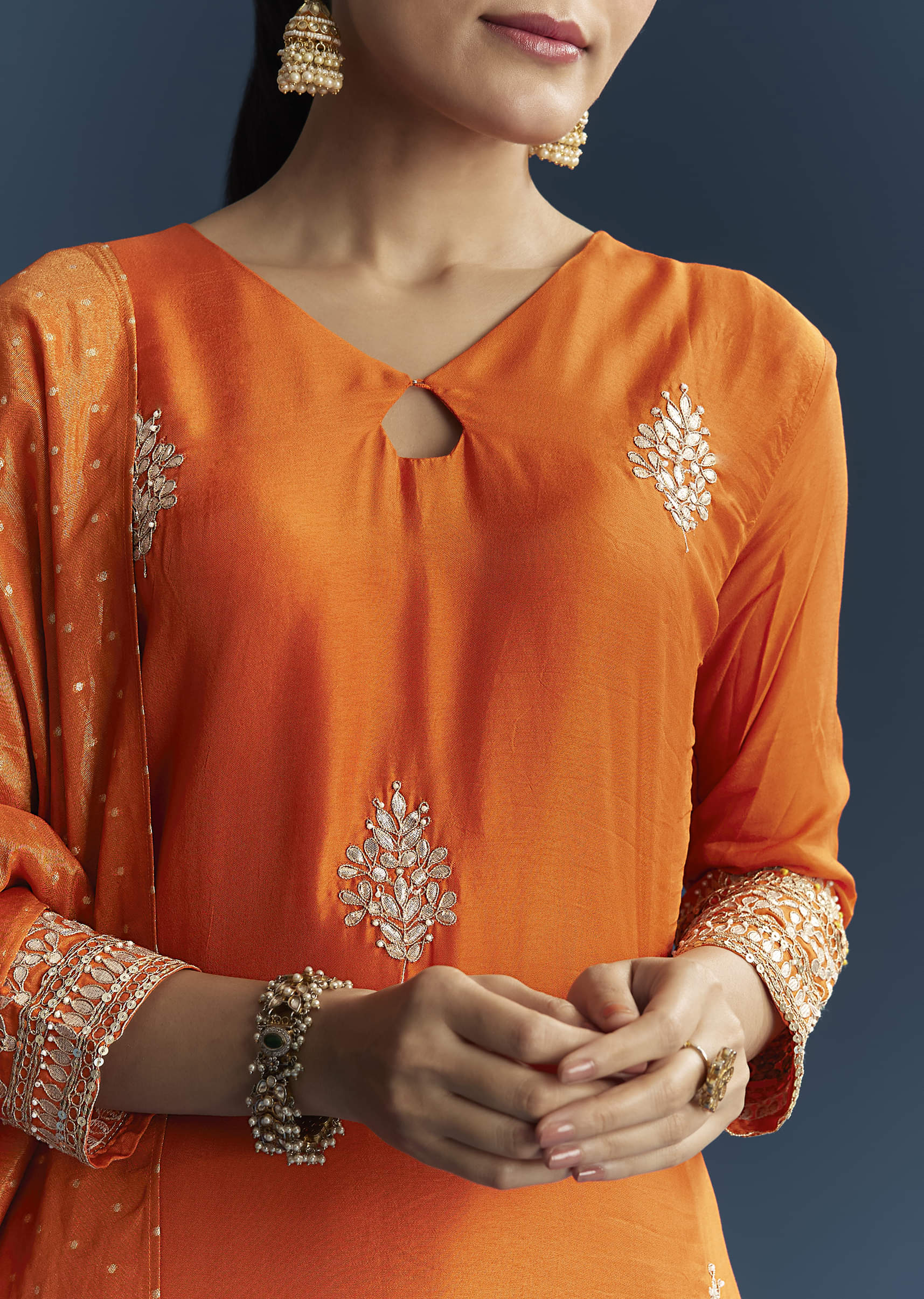 Orange Silk Kurta Set With Gotta Work - Image 2