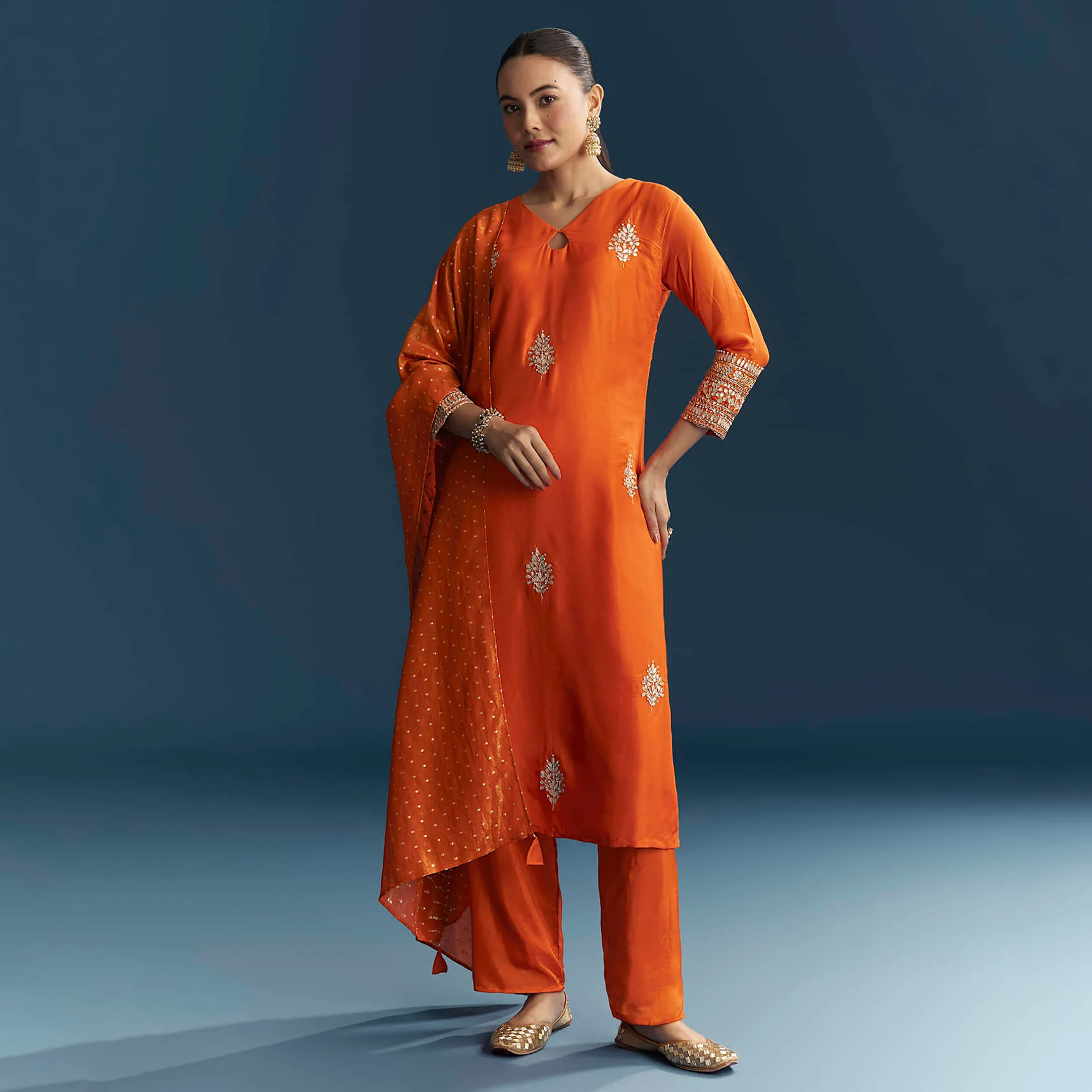 Orange Silk Kurta Set With Gotta Work - Image 3