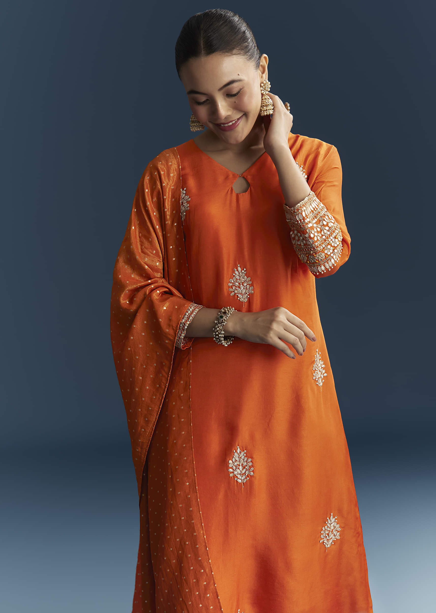 Orange Silk Kurta Set With Gotta Work - Image 4