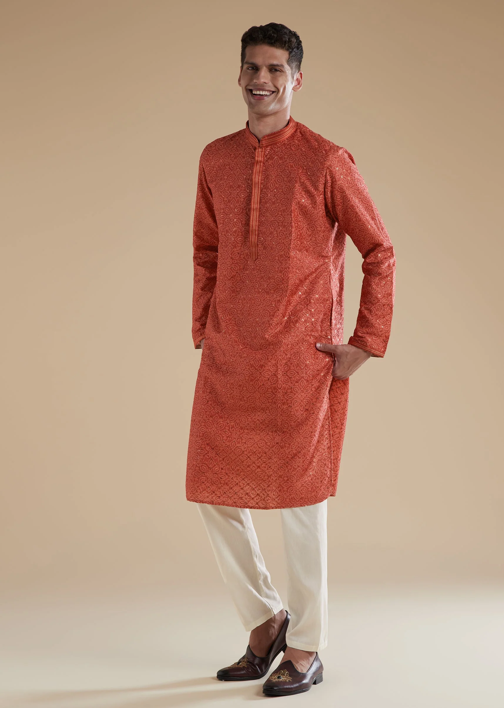 Orange Silk Kurta Set With Sequins Detail Work - Image 3