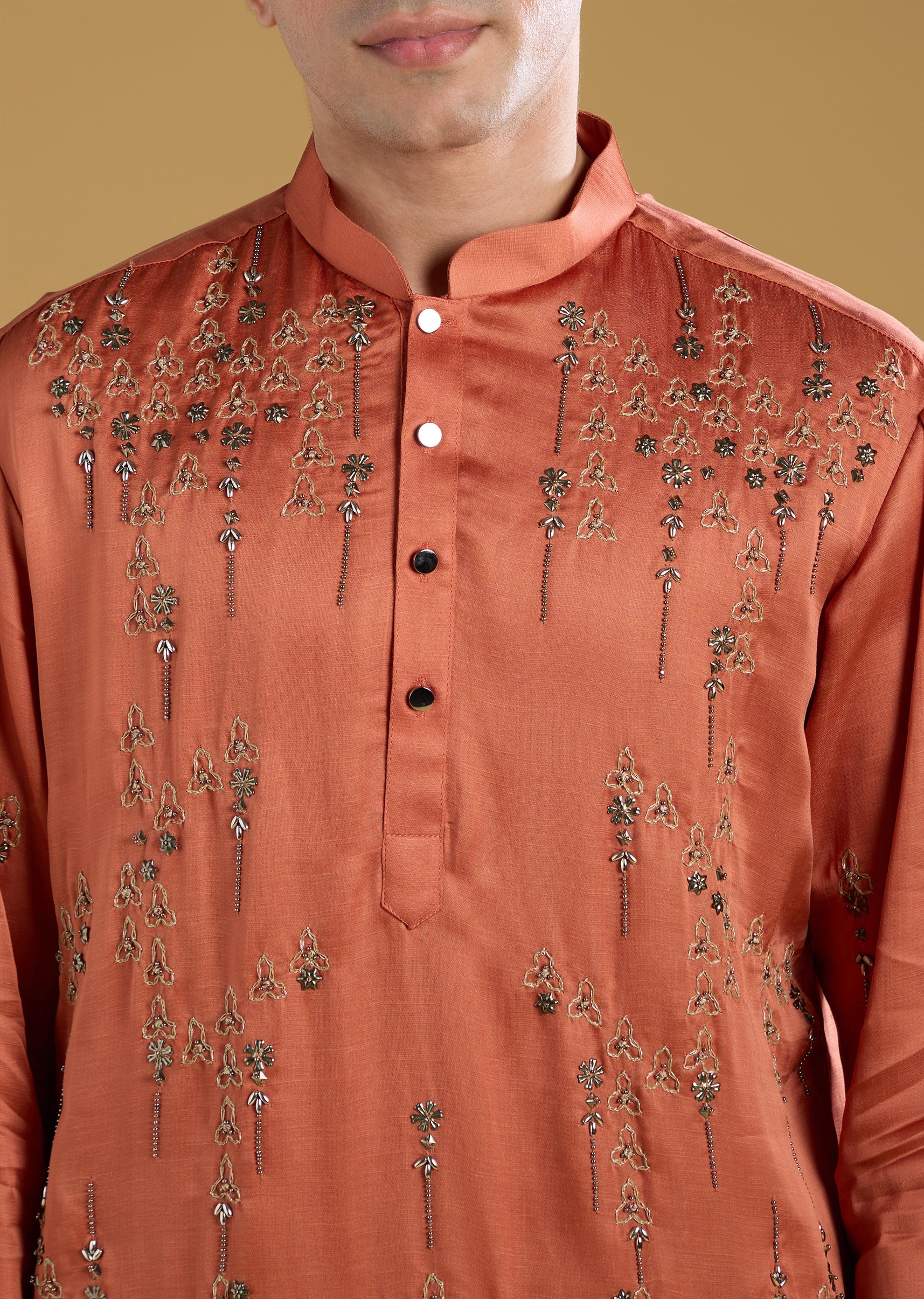 Orange Silk Kurta Set With Thread And Metal Detail Work - Image 2