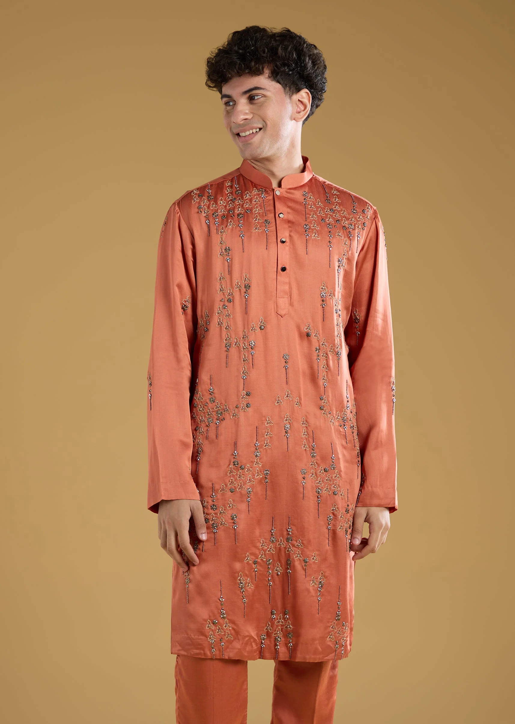 Orange Silk Kurta Set With Thread And Metal Detail Work - Image 6