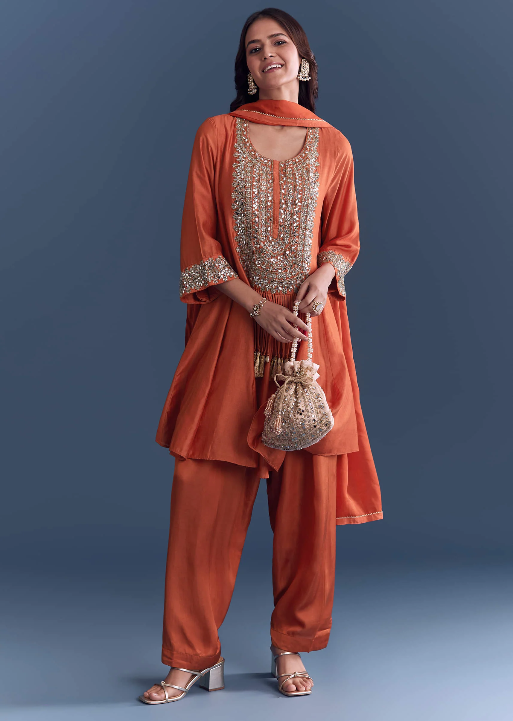 Orange Silk Patiala Suit With Mirror And Cutdana Embroidery - Image 3