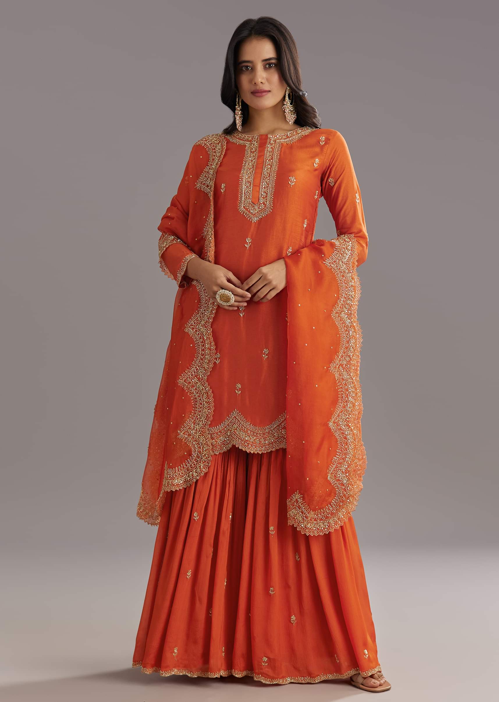 Orange Silk Sharara Set With Cut Dana and Sequins Work and Organza Dupatta - Image 3