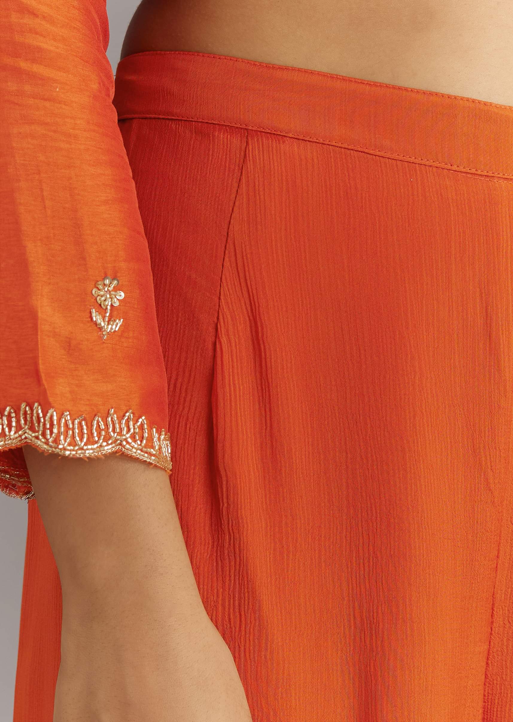 Orange Silk Sharara Set With Cut Dana and Sequins Work and Organza Dupatta - Image 6