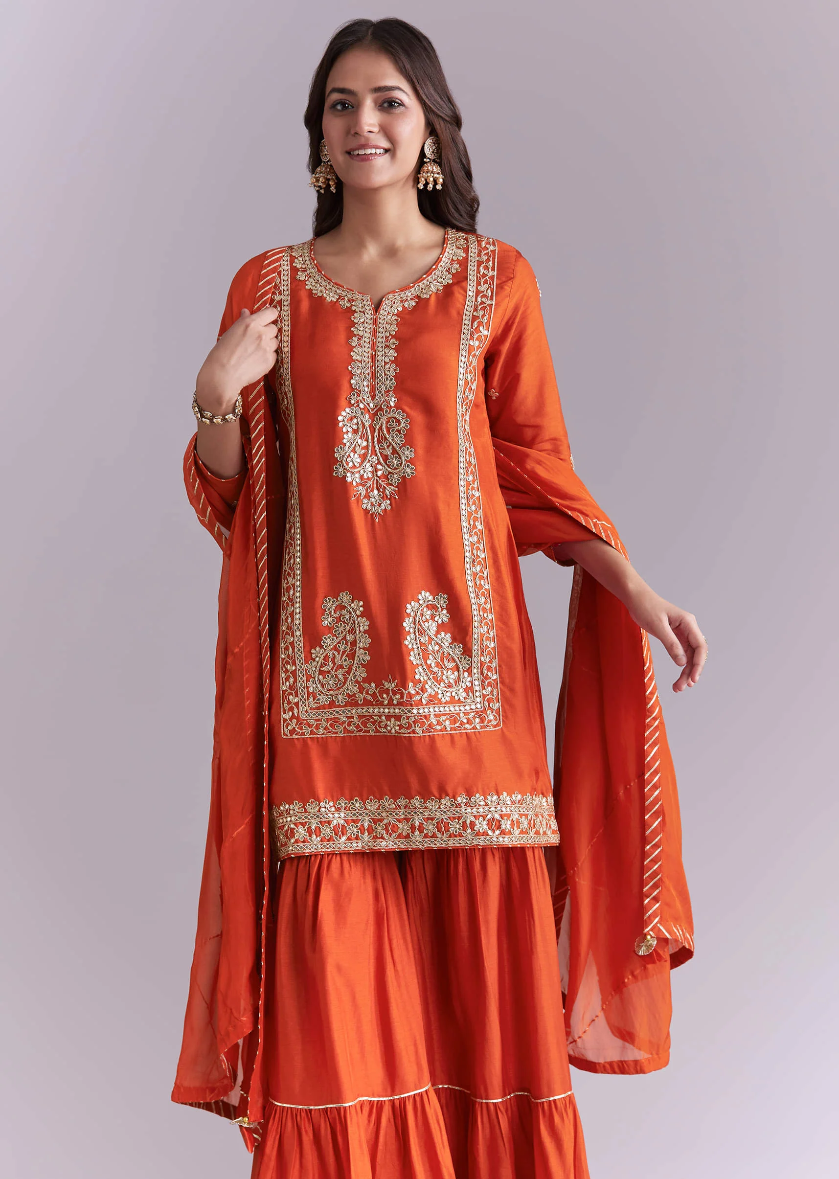 Orange Silk Sharara Suit With Gota And Zardosi Work - Image 2