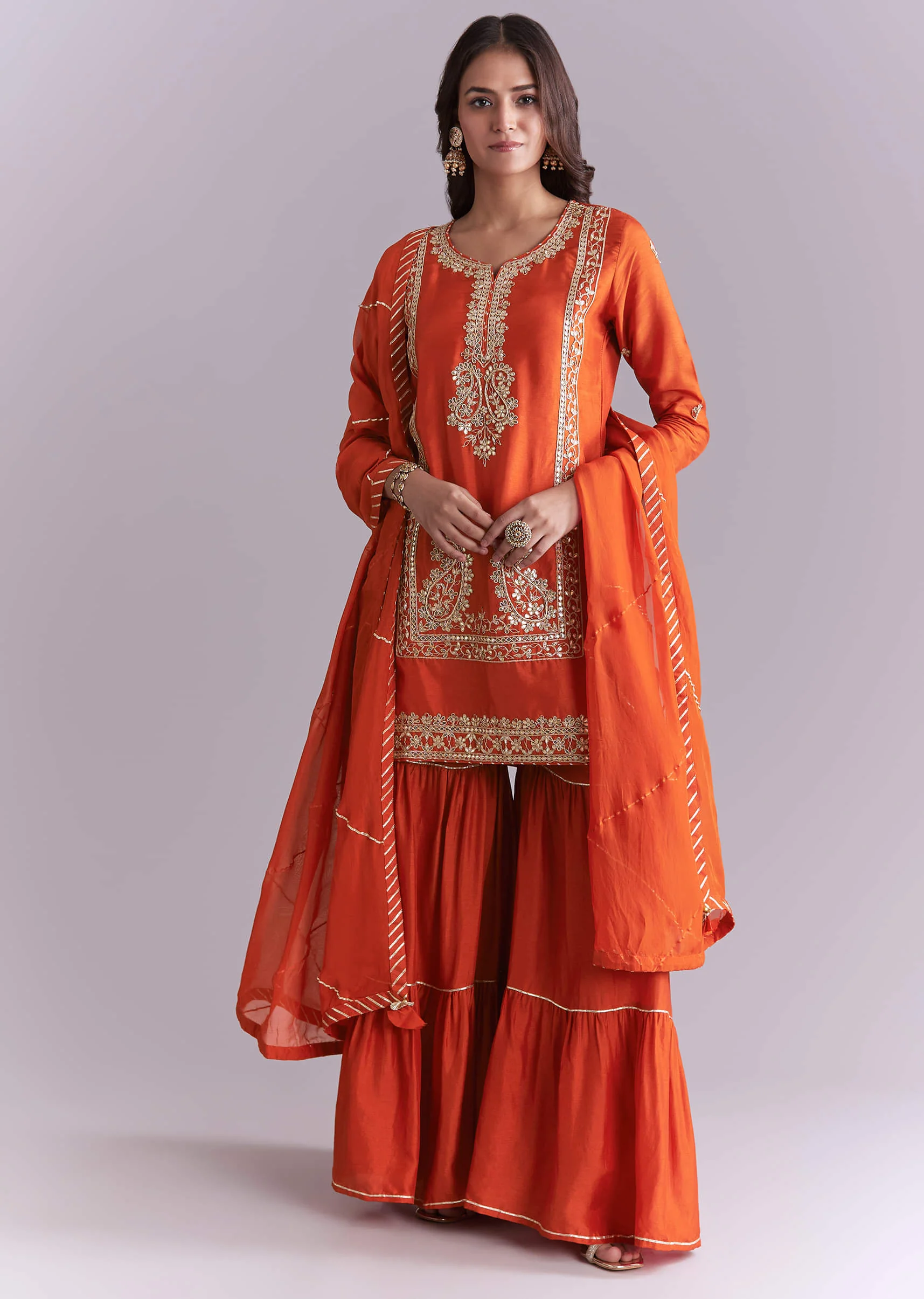 Orange Silk Sharara Suit With Gota And Zardosi Work - Image 3
