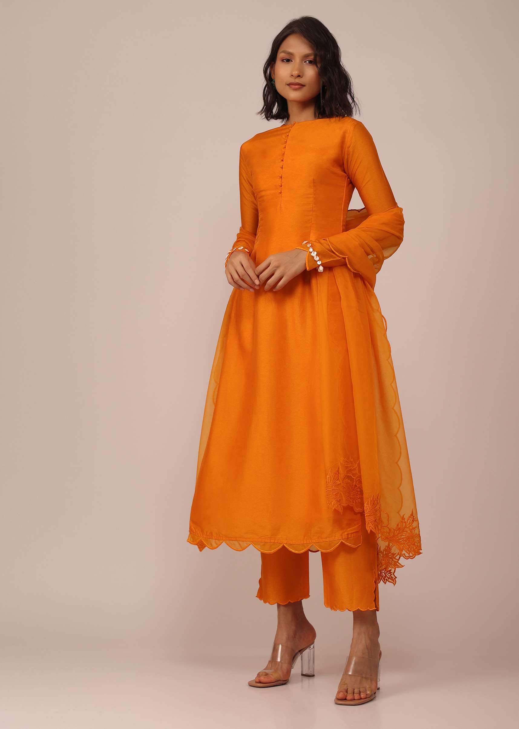 Orange Suit Set In Art Silk Adorned With Tassels - Image 3