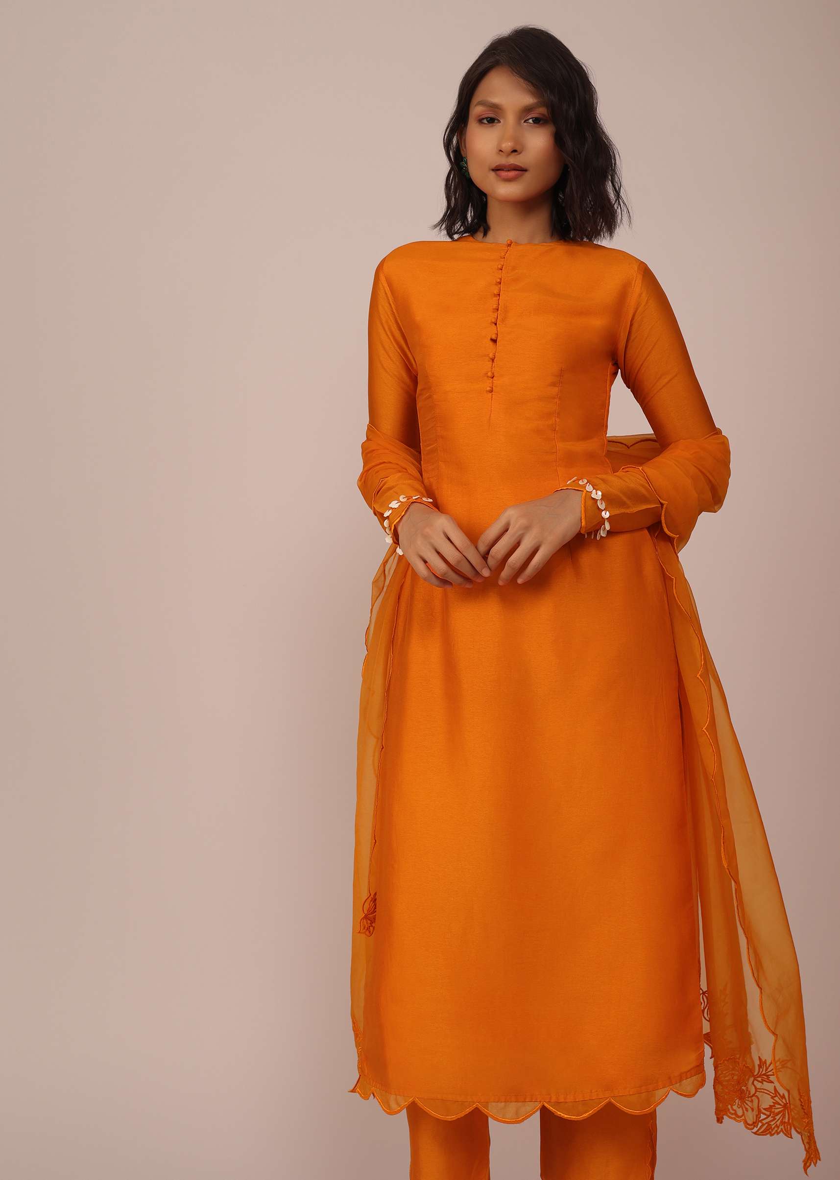 Orange Suit Set In Art Silk Adorned With Tassels - Image 4