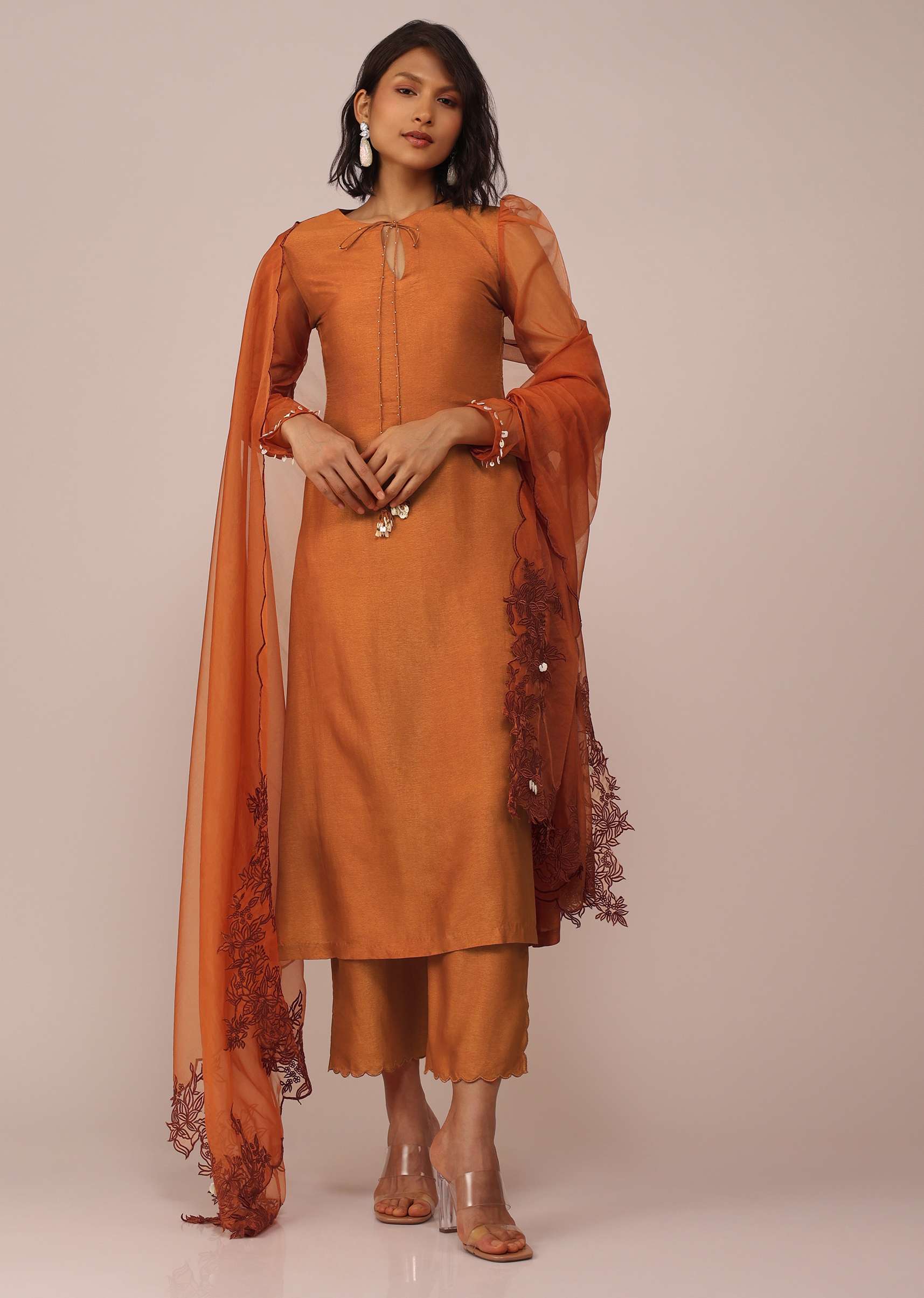 Orange Suit Set In Art Silk With Tassles On The Sleeves And Dupatta - Image 3